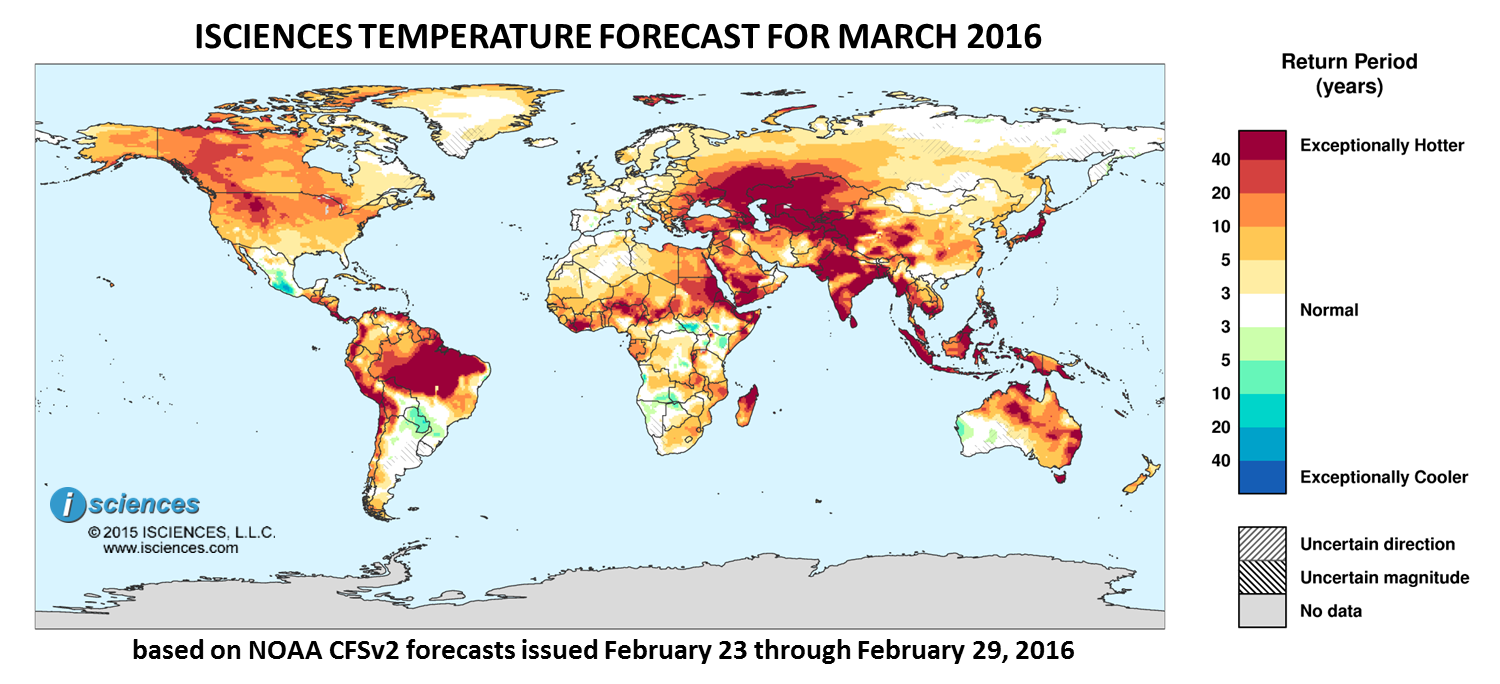Temperature outlook for March 2016. Reds indicate above normal monthly average temperature. Blues indicate below normal monthly average temperature. The darker the color, the more extreme the anomaly relative to a 1950-2009 climatic baseline. Colors are based on the expected return period of the anomalies.