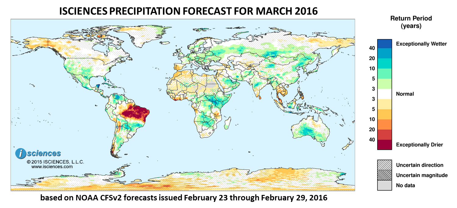 Precipitation outlook for March 2016. Reds indicate below normal monthly total precipitation. Blues indicate above normal monthly total precipitation. The darker the color, the more extreme the anomaly relative to a 1950-2009 climatic baseline. Colors are based on the expected return period of the anomalies.