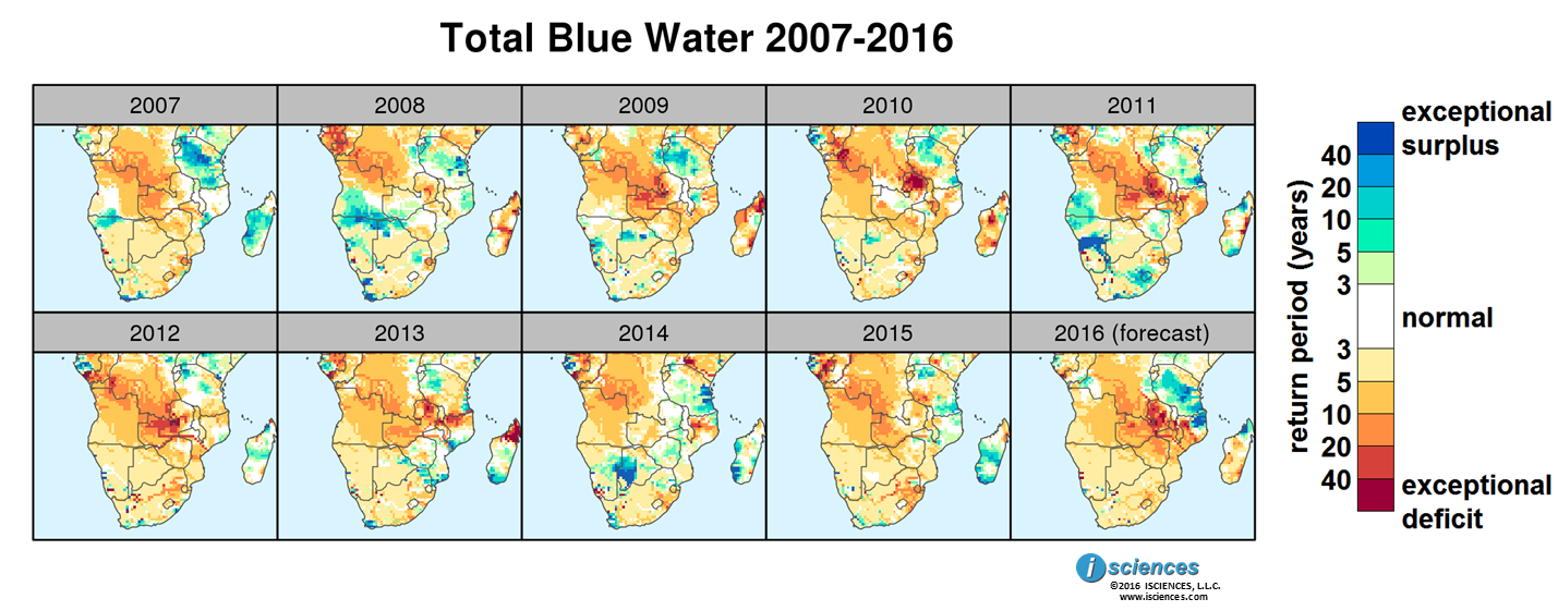 Figure SEQ
Figure \* ARABIC 4 . Total blue water (flow accumulated runoff) anomalies for the past decade in southern Africa. 