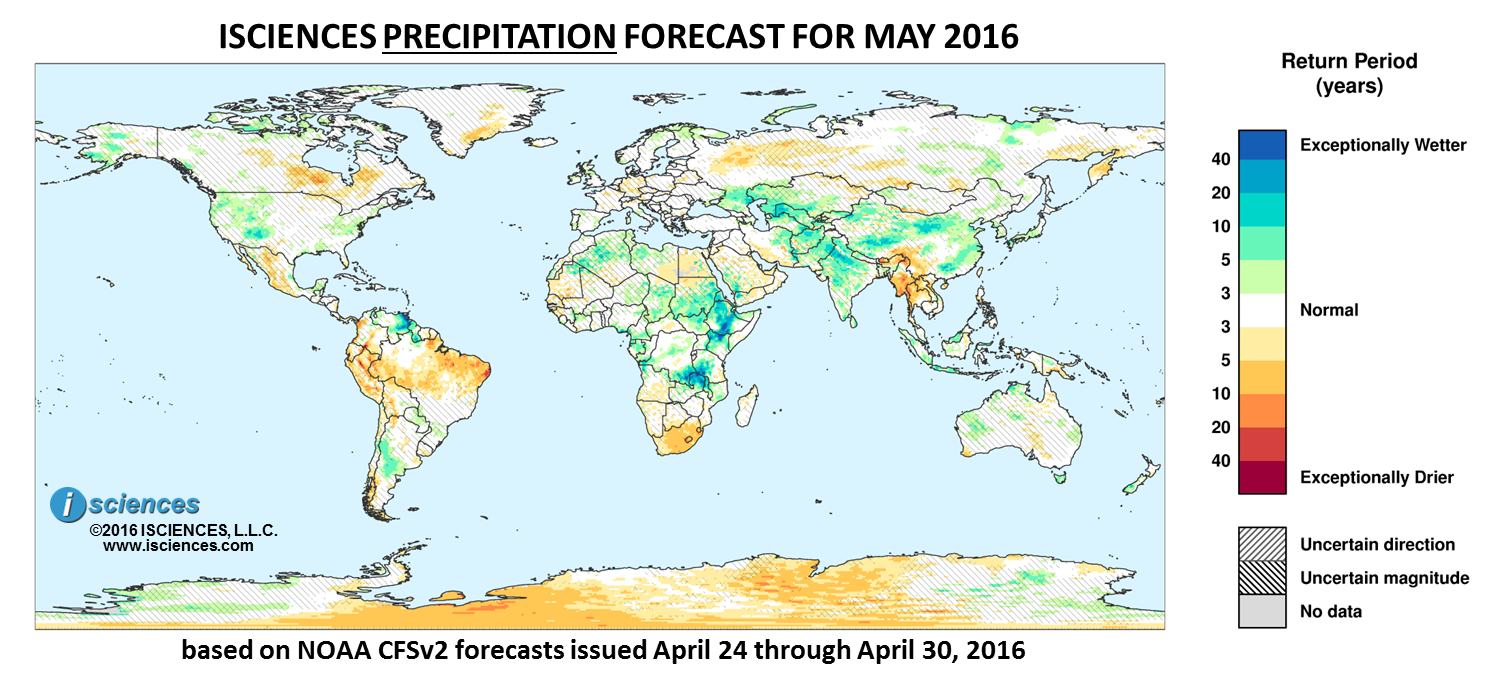 Precipitation outlook for May 2016. Reds indicate below normal monthly total precipitation. Blues indicate above normal monthly total precipitation. The darker the color, the more extreme the anomaly relative to a 1950-2009 climatic baseline. Colors are based on the expected return period of the anomalies.