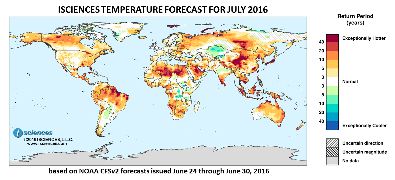 Temperature outlook for July 2016. Reds indicate above normal monthly average temperature. Blues indicate below normal monthly average temperature. The darker the color, the more extreme the anomaly relative to a 1950-2009 climatic baseline. Colors are based on the expected return period of the anomalies.