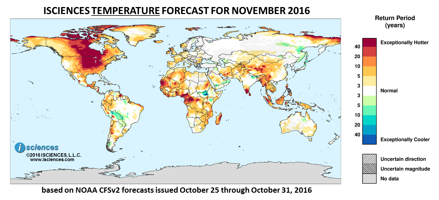 Temperature outlook. Reds indicate above normal monthly average temperature. Blues indicate below normal monthly average temperature. The darker the color, the more extreme the anomaly relative to a 1950-2009 climatic baseline. Colors are based on the expected return period of the anomalies.