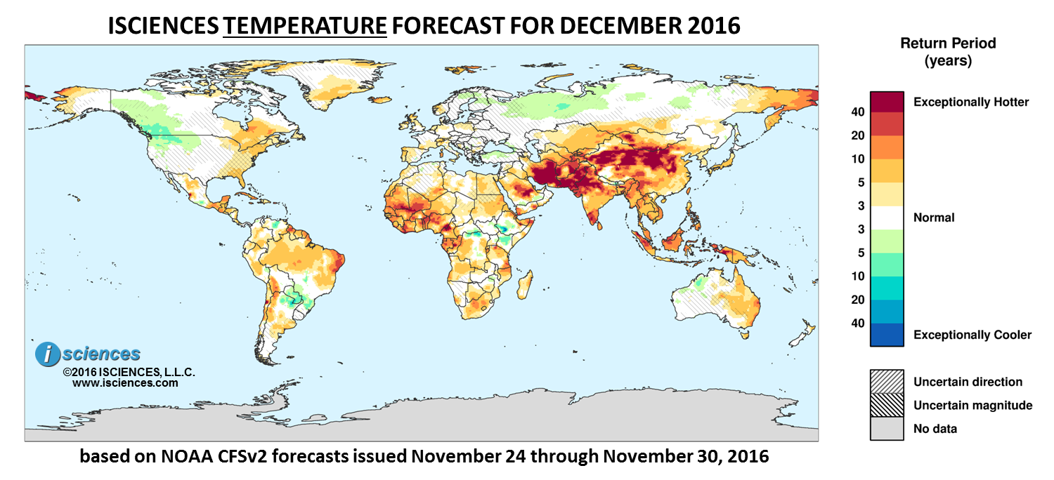 Temperature outlook. Reds indicate above normal monthly average temperature. Blues indicate below normal monthly average temperature. The darker the color, the more extreme the anomaly relative to a 1950-2009 climatic baseline. Colors are based on the expected return period of the anomalies.