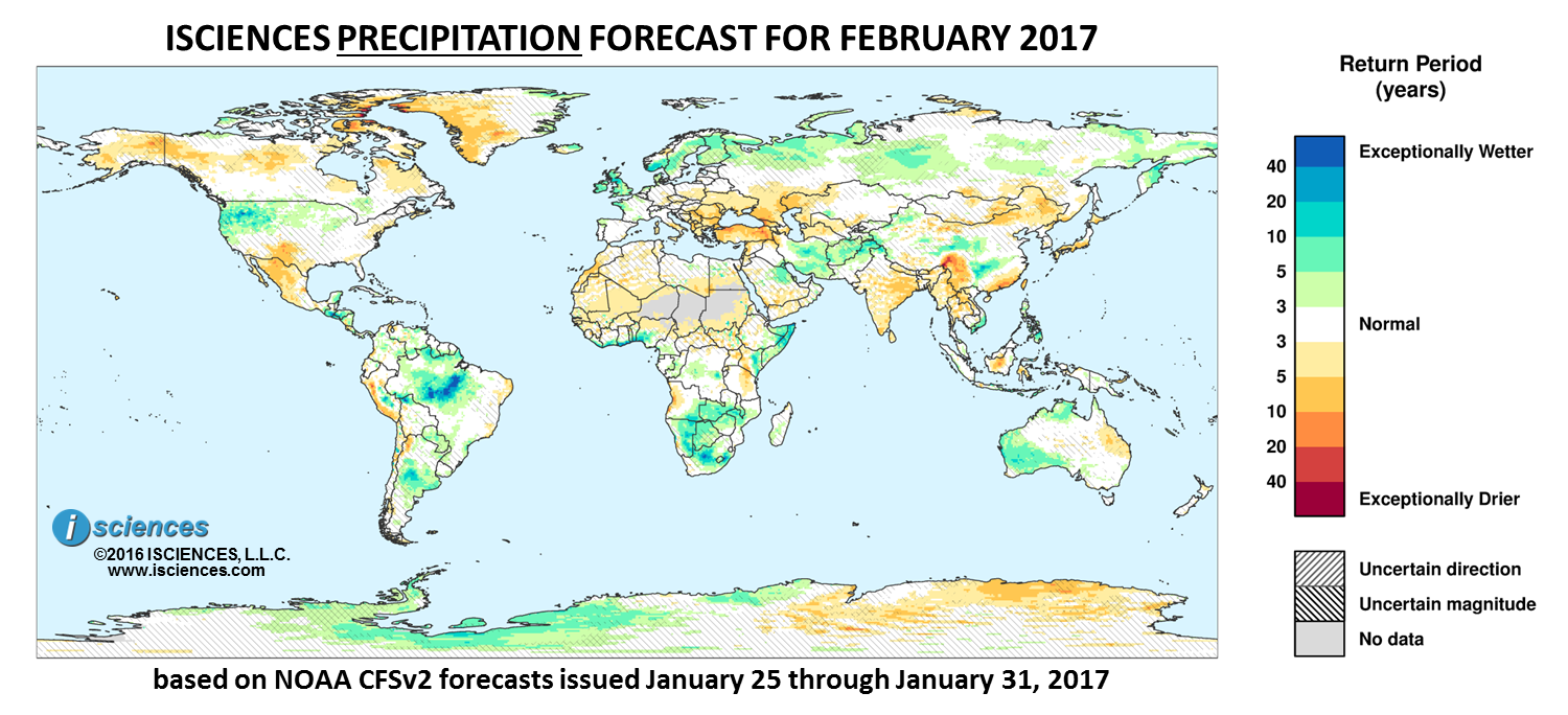 Precipitation outlook. Reds indicate below normal monthly total precipitation. Blues indicate above normal monthly total precipitation. The darker the color, the more extreme the anomaly relative to a 1950-2009 climatic baseline. Colors are based on the expected return period of the anomalies.