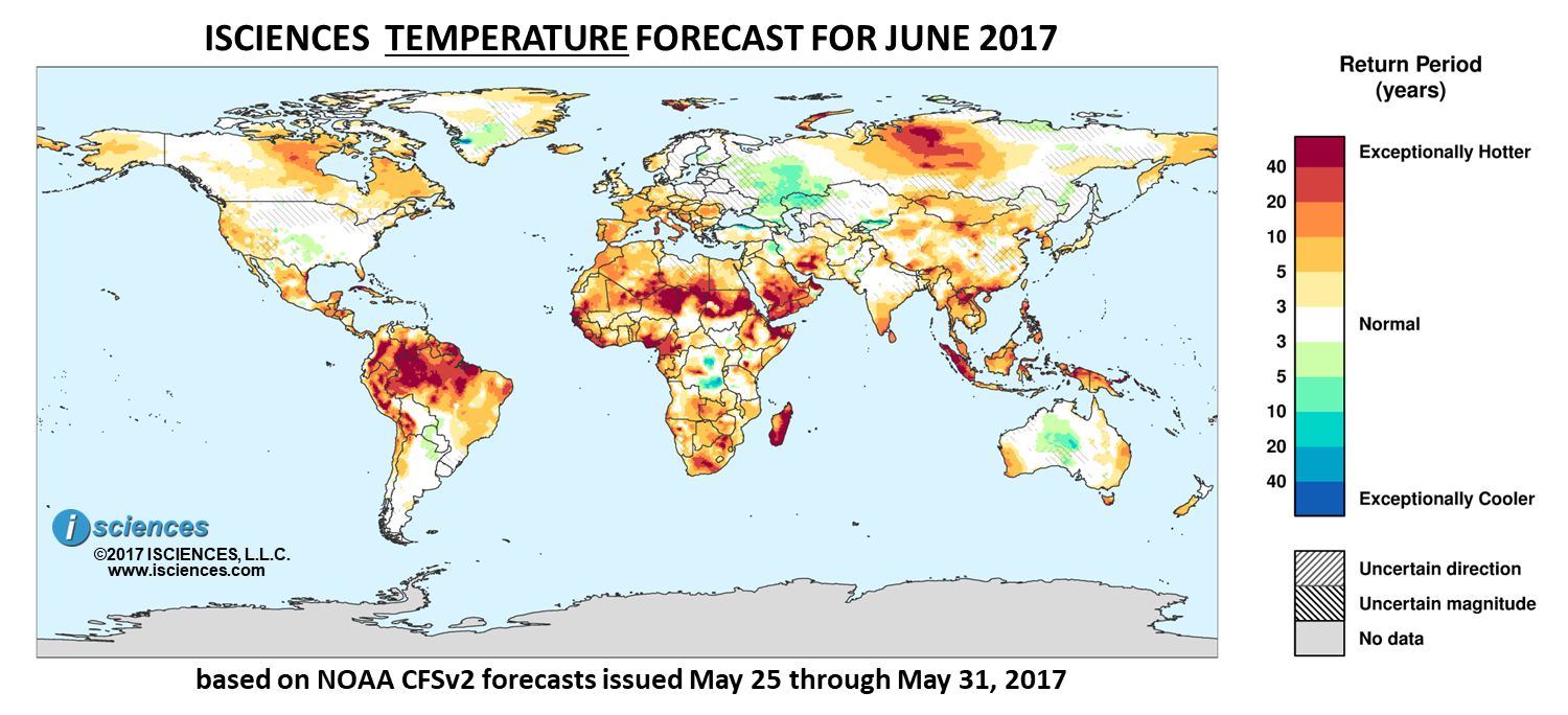 Temperature outlook. Reds indicate above normal monthly average temperature. Blues indicate below normal monthly average temperature. The darker the color, the more extreme the anomaly relative to a 1950-2009 climatic baseline. Colors are based on the expected return period of the anomalies.