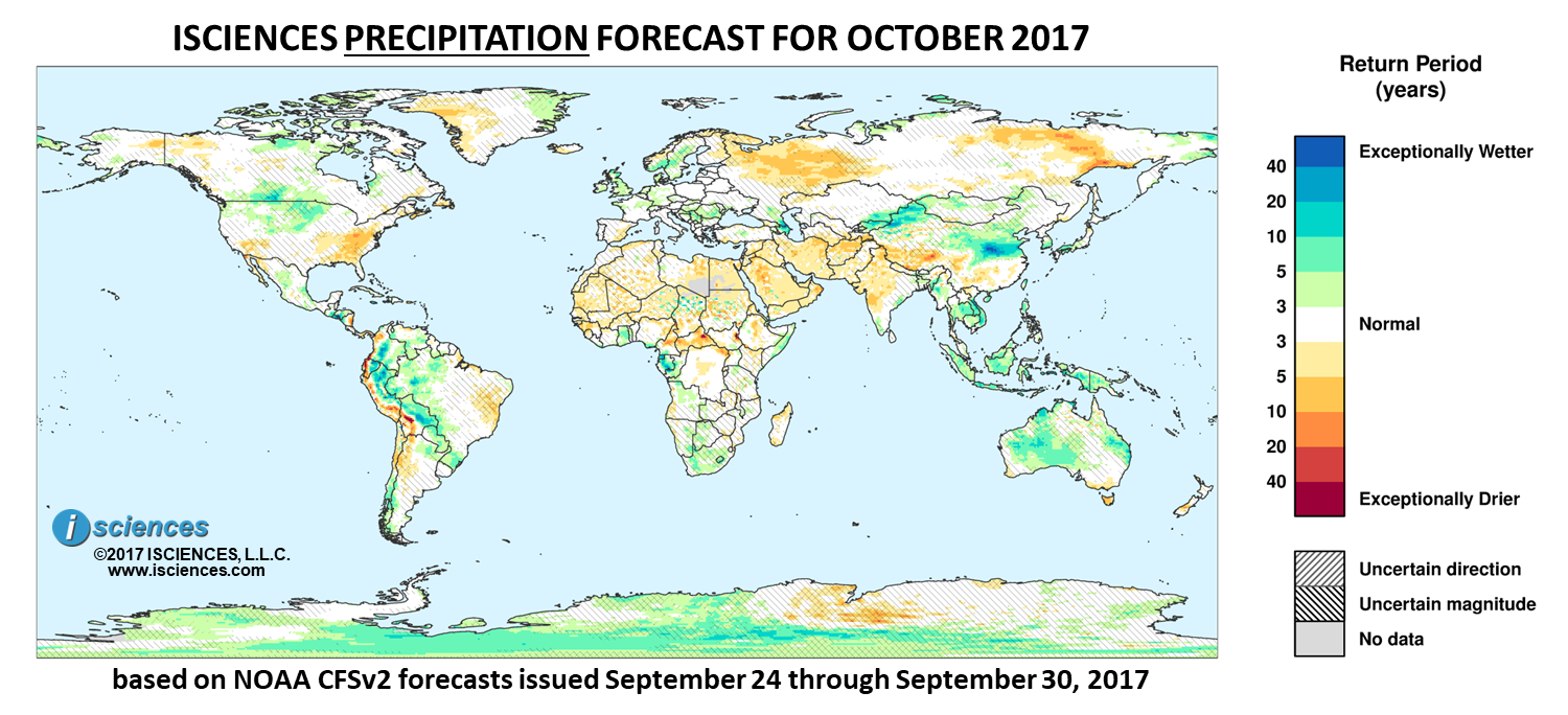 Precipitation outlook. Reds indicate below normal monthly total precipitation. Blues indicate above normal monthly total precipitation. The darker the color, the more extreme the anomaly relative to a 1950-2009 climatic baseline. Colors are based on the expected return period of the anomalies.