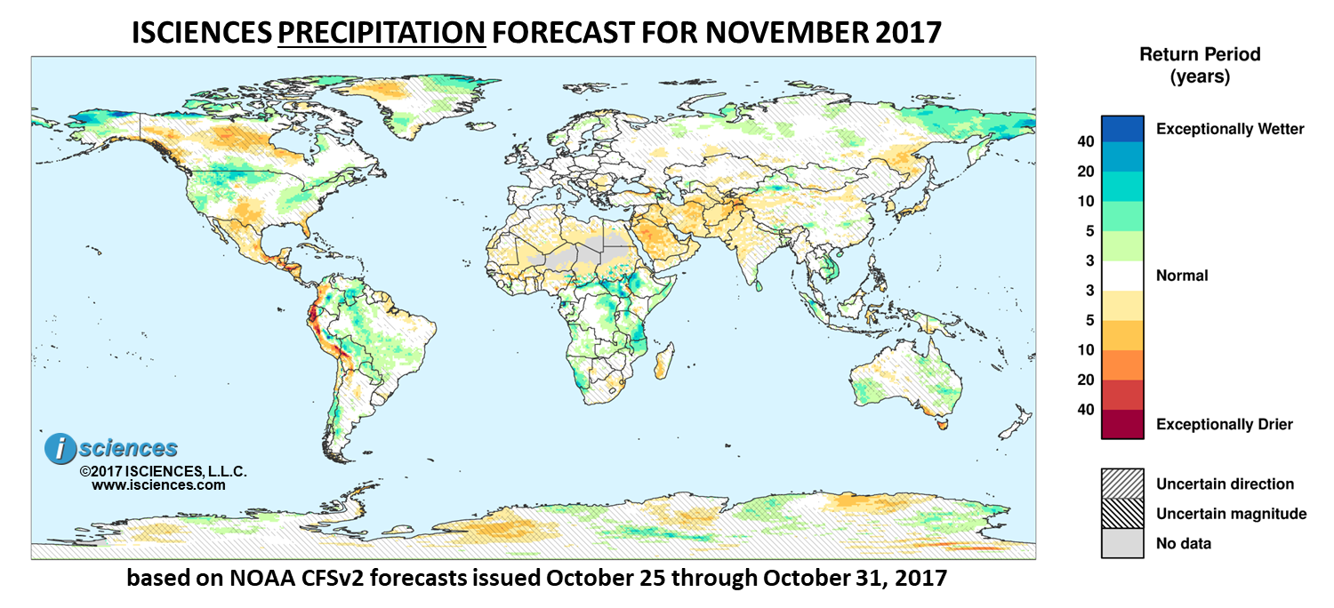 Precipitation outlook. Reds indicate below normal monthly total precipitation. Blues indicate above normal monthly total precipitation. The darker the color, the more extreme the anomaly relative to a 1950-2009 climatic baseline. Colors are based on the expected return period of the anomalies.