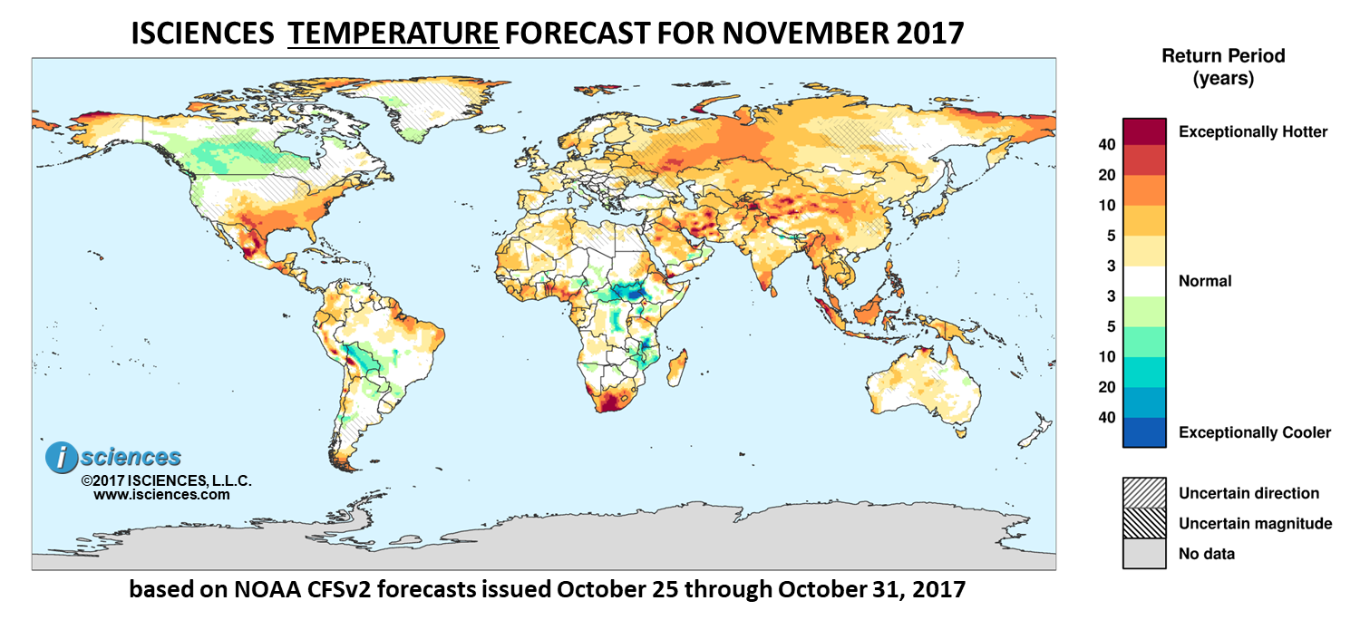 Temperature outlook. Reds indicate above normal monthly average temperature. Blues indicate below normal monthly average temperature. The darker the color, the more extreme the anomaly relative to a 1950-2009 climatic baseline. Colors are based on the expected return period of the anomalies.