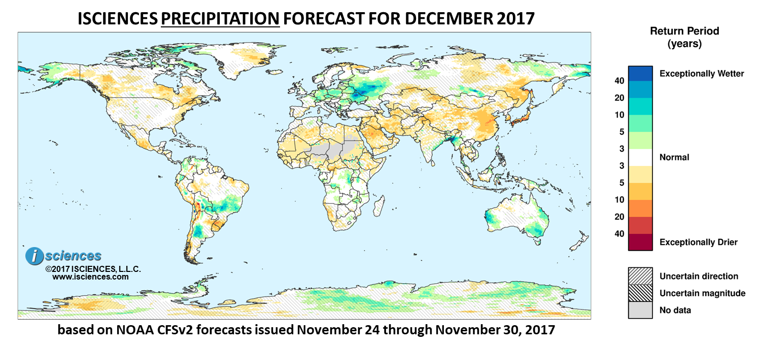 Precipitation outlook. Reds indicate below normal monthly total precipitation. Blues indicate above normal monthly total precipitation. The darker the color, the more extreme the anomaly relative to a 1950-2009 climatic baseline. Colors are based on the expected return period of the anomalies.