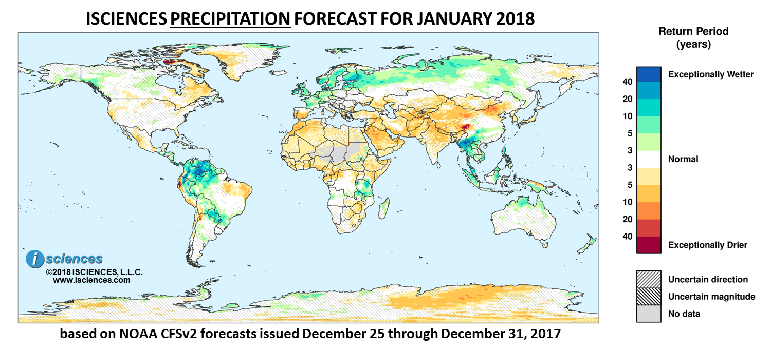Precipitation outlook. Reds indicate below normal monthly total precipitation. Blues indicate above normal monthly total precipitation. The darker the color, the more extreme the anomaly relative to a 1950-2009 climatic baseline. Colors are based on the expected return period of the anomalies.