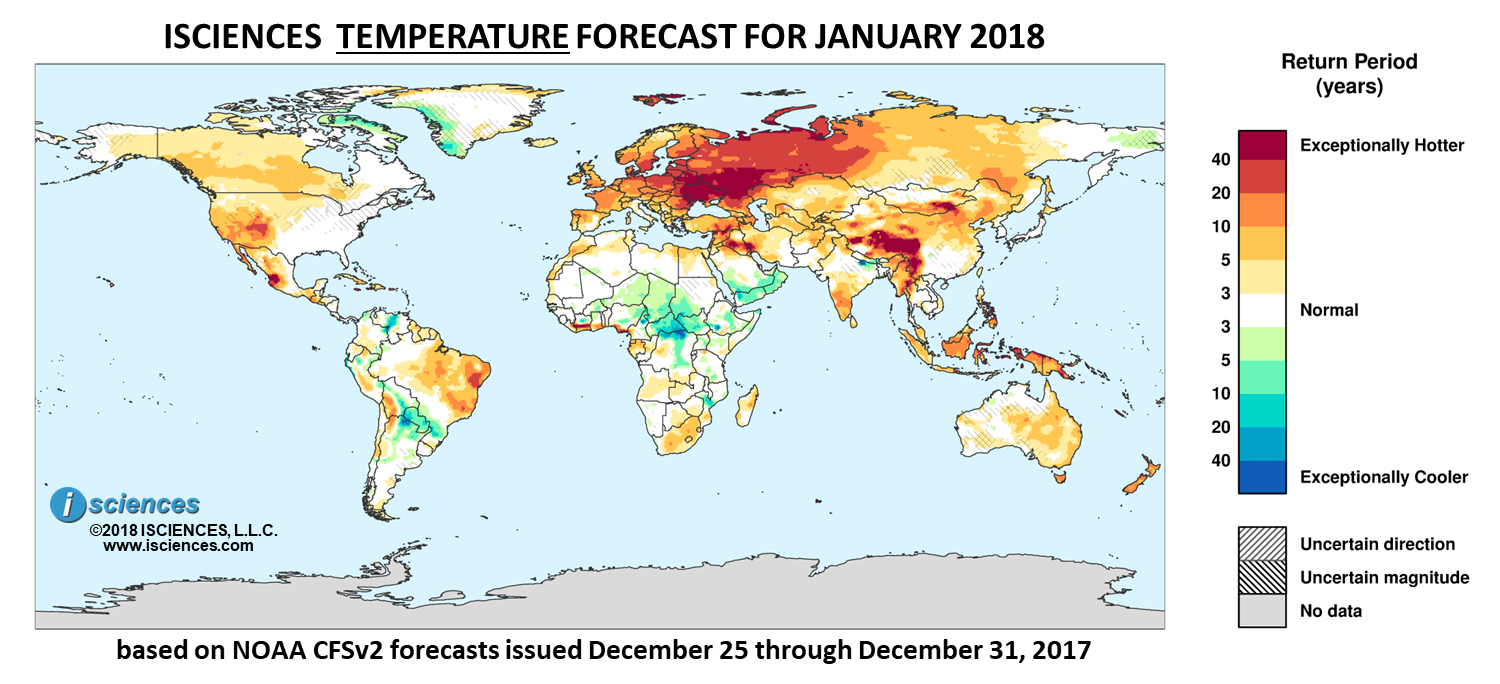 Temperature outlook. Reds indicate above normal monthly average temperature. Blues indicate below normal monthly average temperature. The darker the color, the more extreme the anomaly relative to a 1950-2009 climatic baseline. Colors are based on the expected return period of the anomalies.
