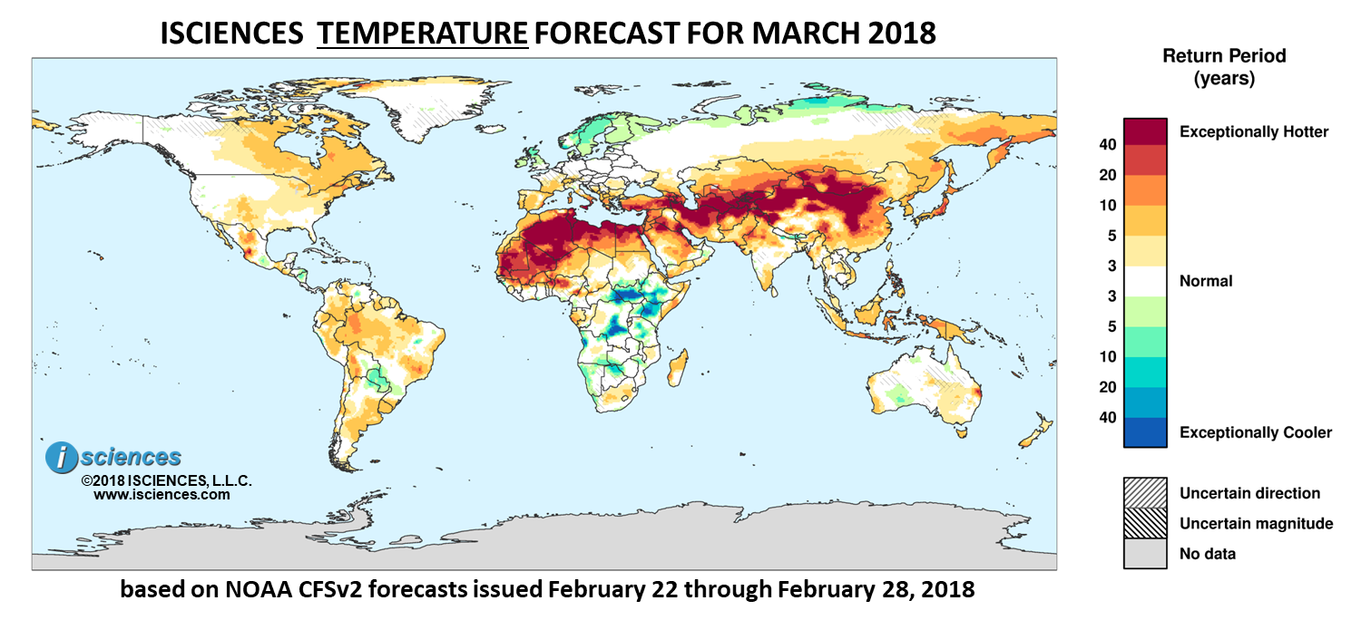 Temperature outlook. Reds indicate above normal monthly average temperature. Blues indicate below normal monthly average temperature. The darker the color, the more extreme the anomaly relative to a 1950-2009 climatic baseline. Colors are based on the expected return period of the anomalies.