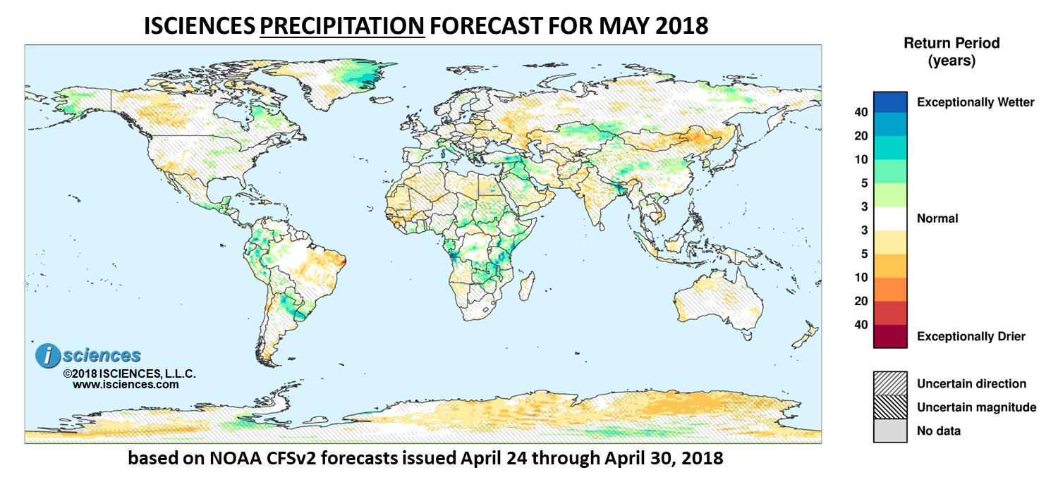 Precipitation outlook. Reds indicate below normal monthly total precipitation. Blues indicate above normal monthly total precipitation. The darker the color, the more extreme the anomaly relative to a 1950-2009 climatic baseline. Colors are based on the expected return period of the anomalies.