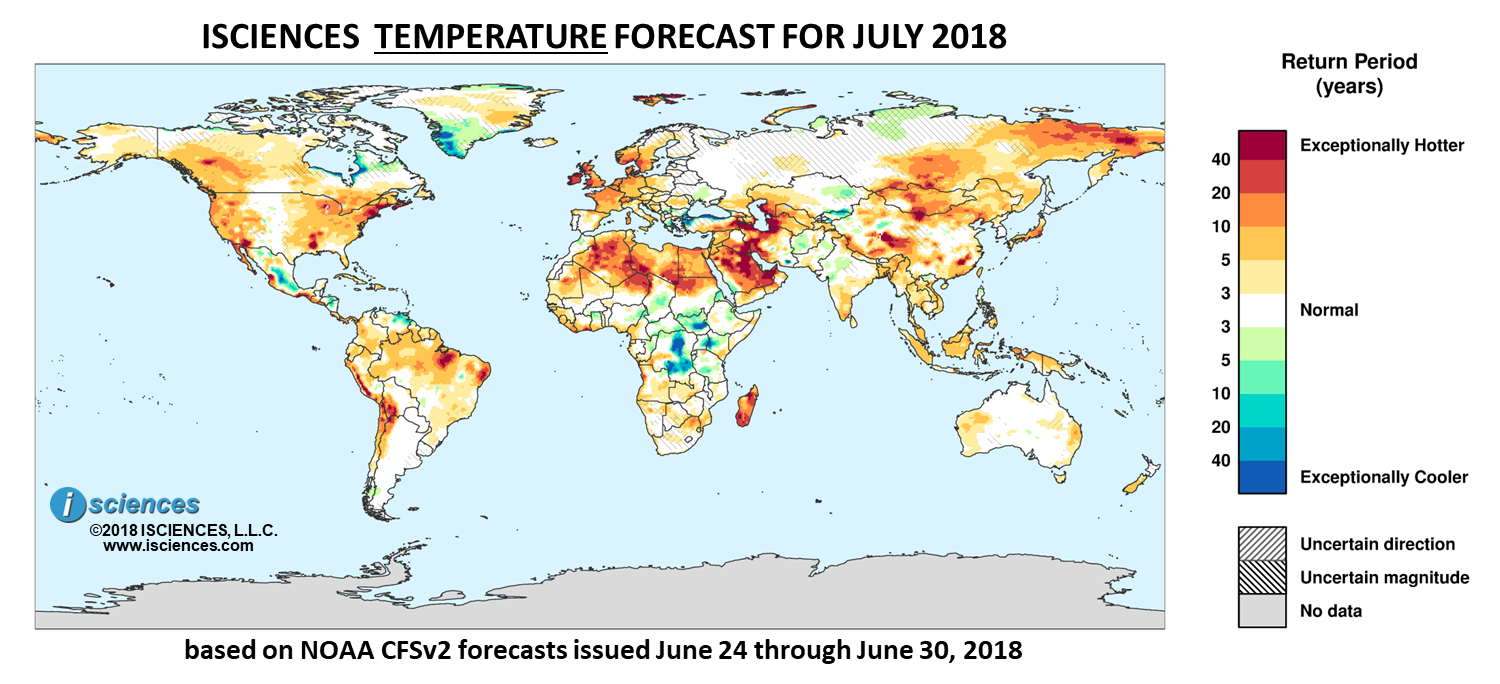 Temperature outlook. Reds indicate above normal monthly average temperature. Blues indicate below normal monthly average temperature. The darker the color, the more extreme the anomaly relative to a 1950-2009 climatic baseline. Colors are based on the expected return period of the anomalies.