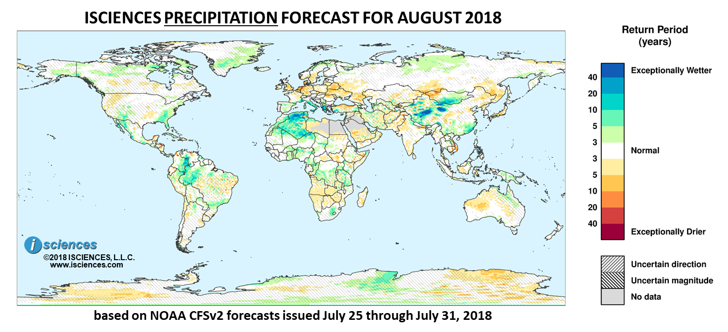 Precipitation outlook. Reds indicate below normal monthly total precipitation. Blues indicate above normal monthly total precipitation. The darker the color, the more extreme the anomaly relative to a 1950-2009 climatic baseline. Colors are based on the expected return period of the anomalies.