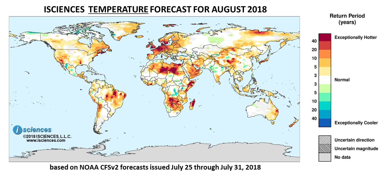 Temperature outlook. Reds indicate above normal monthly average temperature. Blues indicate below normal monthly average temperature. The darker the color, the more extreme the anomaly relative to a 1950-2009 climatic baseline. Colors are based on the expected return period of the anomalies.