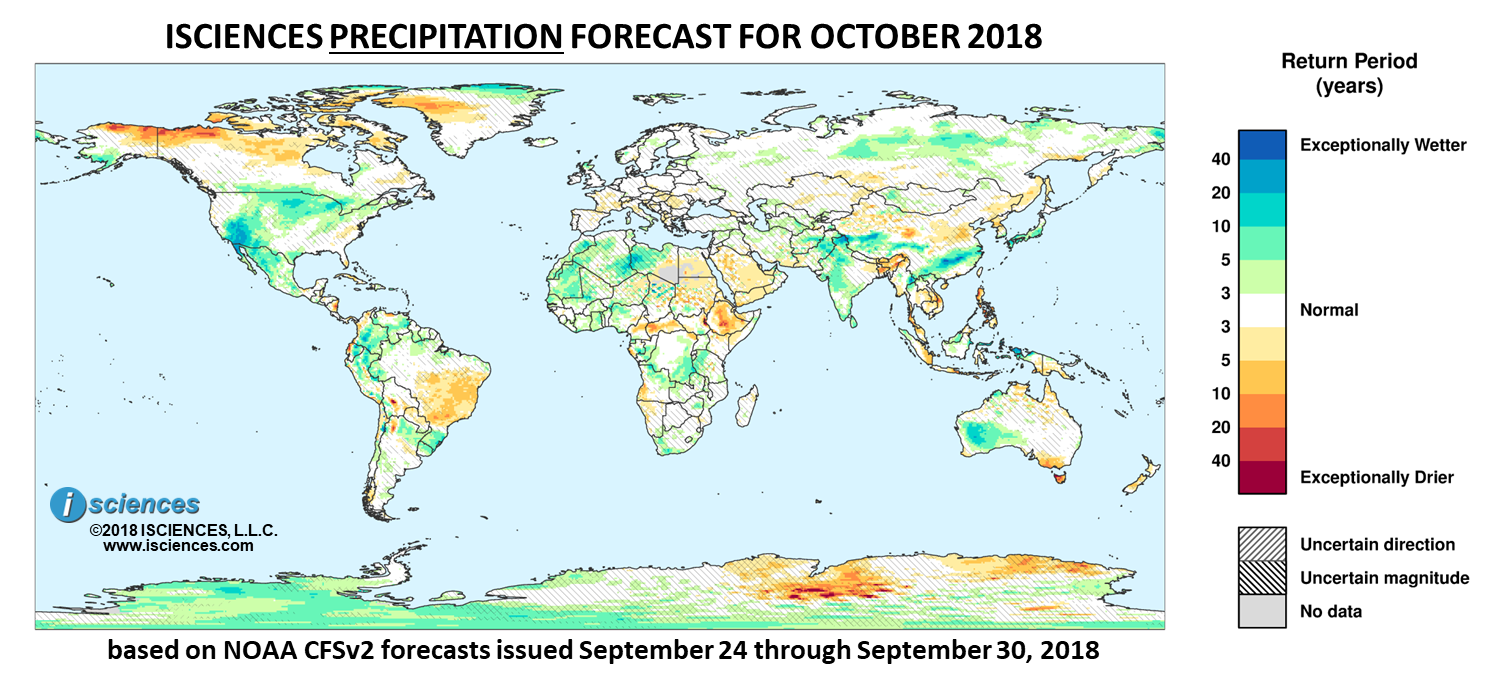 Precipitation outlook. Reds indicate below normal monthly total precipitation. Blues indicate above normal monthly total precipitation. The darker the color, the more extreme the anomaly relative to a 1950-2009 climatic baseline. Colors are based on the expected return period of the anomalies.