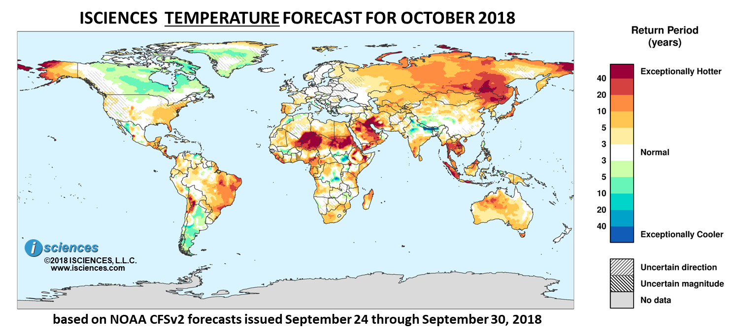 Temperature outlook. Reds indicate above normal monthly average temperature. Blues indicate below normal monthly average temperature. The darker the color, the more extreme the anomaly relative to a 1950-2009 climatic baseline. Colors are based on the expected return period of the anomalies.