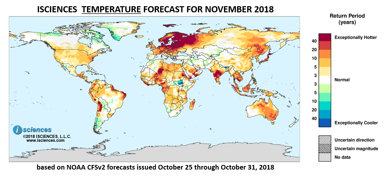 Temperature outlook. Reds indicate above normal monthly average temperature. Blues indicate below normal monthly average temperature. The darker the color, the more extreme the anomaly relative to a 1950-2009 climatic baseline. Colors are based on the expected return period of the anomalies.