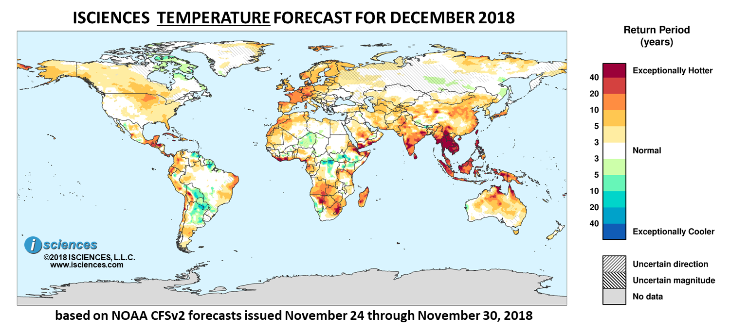 Temperature outlook. Reds indicate above normal monthly average temperature. Blues indicate below normal monthly average temperature. The darker the color, the more extreme the anomaly relative to a 1950-2009 climatic baseline. Colors are based on the expected return period of the anomalies.