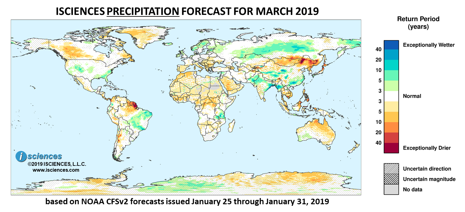 Precipitation outlook. Reds indicate below normal monthly total precipitation. Blues indicate above normal monthly total precipitation. The darker the color, the more extreme the anomaly relative to a 1950-2009 climatic baseline. Colors are based on the expected return period of the anomalies.