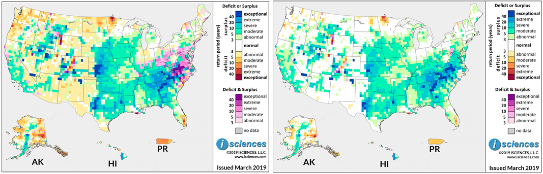 Figure 1. WSIMv2 composite surplus and deficit indicators for the 12-month period December 2018 through November 2019 using the original WSIMv1 compositing method (left) and WSIMv2 using the adjusted composite (right). Maps are based on three months of observed and nine months of forecast temperature and precipitation for the United States.