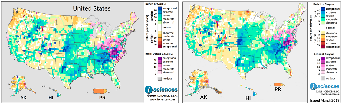 Figure 3. Composite surplus and deficit indicators using the original composite method for the 12-month period December 2018 through November 2019 generated by WSIMv1 (left) and WSIMv2 (right). Maps are based on three months of observed and nine months of forecasted temperature and precipitation for the United States.