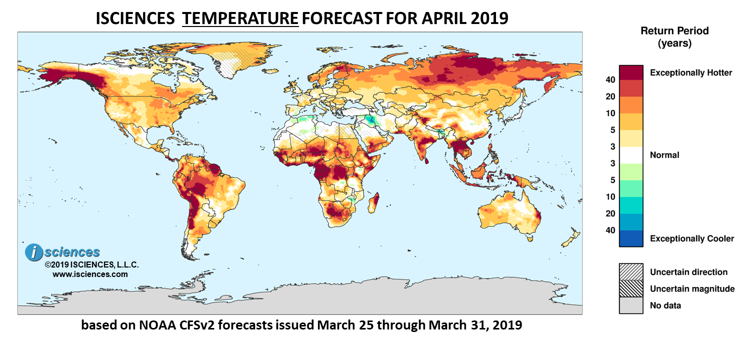 Temperature outlook. Reds indicate above normal monthly average temperature. Blues indicate below normal monthly average temperature. The darker the color, the more extreme the anomaly relative to a 1950-2009 climatic baseline. Colors are based on the expected return period of the anomalies.