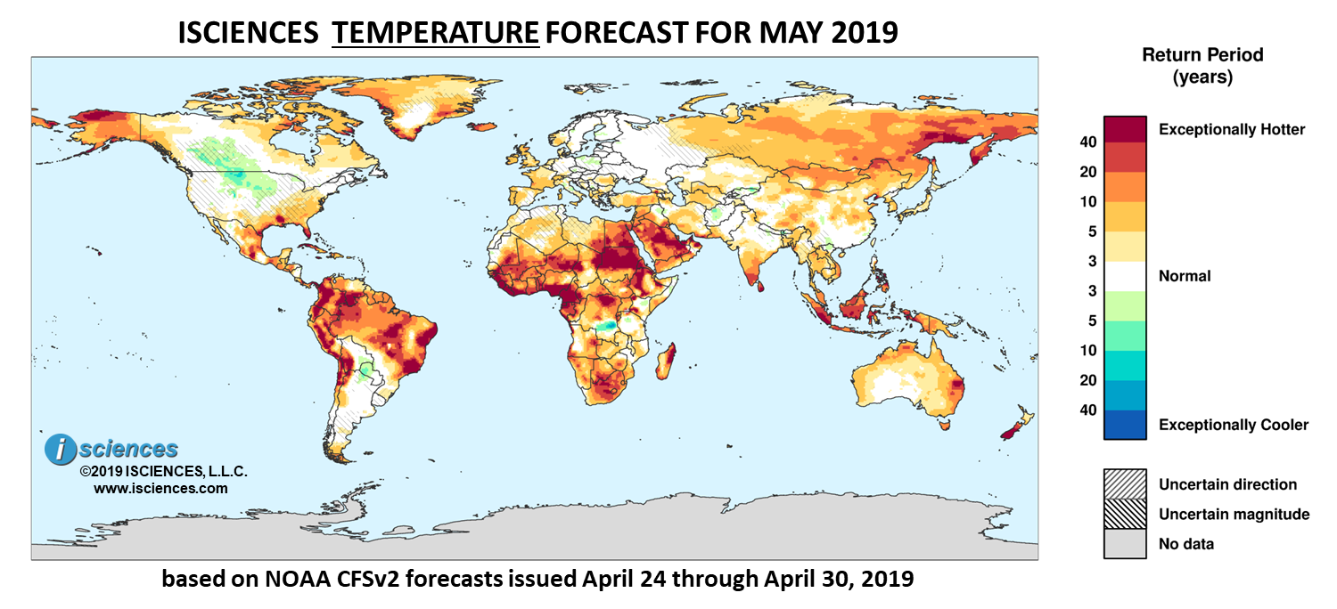 Temperature outlook. Reds indicate above normal monthly average temperature. Blues indicate below normal monthly average temperature. The darker the color, the more extreme the anomaly relative to a 1950-2009 climatic baseline. Colors are based on the expected return period of the anomalies.