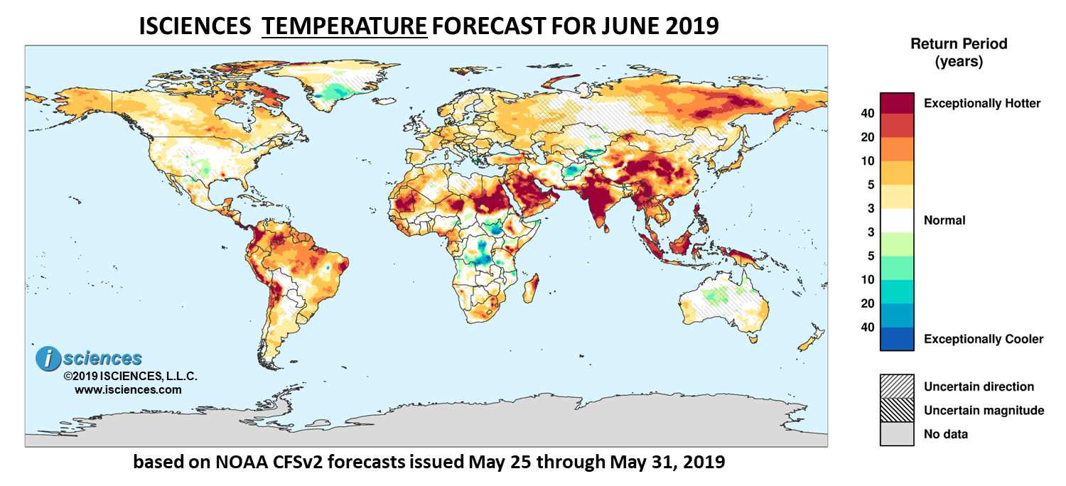 Temperature outlook. Reds indicate above normal monthly average temperature. Blues indicate below normal monthly average temperature. The darker the color, the more extreme the anomaly relative to a 1950-2009 climatic baseline. Colors are based on the expected return period of the anomalies.