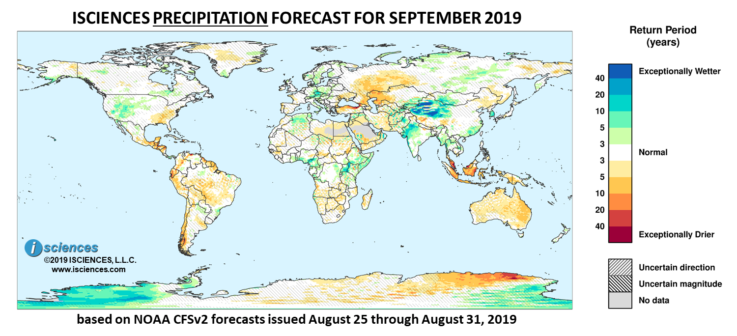 Precipitation outlook. Reds indicate below normal monthly total precipitation. Blues indicate above normal monthly total precipitation. The darker the color, the more extreme the anomaly relative to a 1950-2009 climatic baseline. Colors are based on the expected return period of the anomalies.