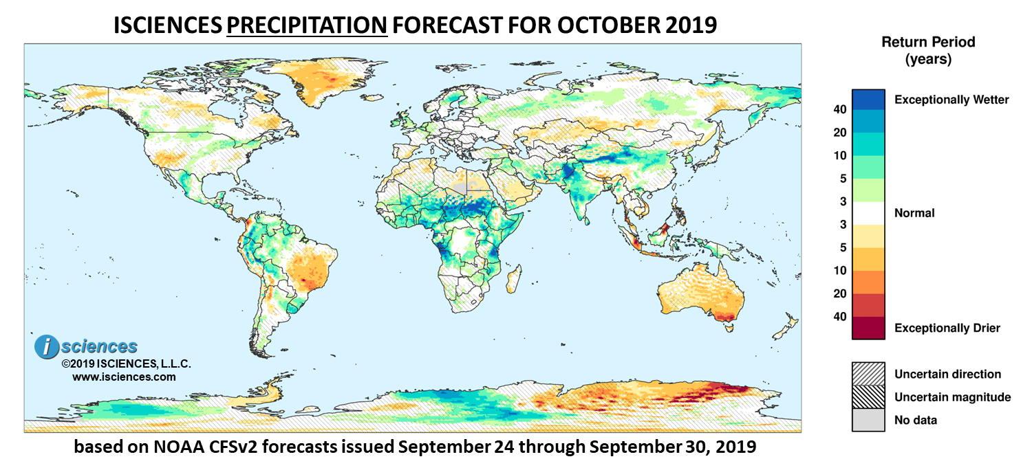 Precipitation outlook. Reds indicate below normal monthly total precipitation. Blues indicate above normal monthly total precipitation. The darker the color, the more extreme the anomaly relative to a 1950-2009 climatic baseline. Colors are based on the expected return period of the anomalies.