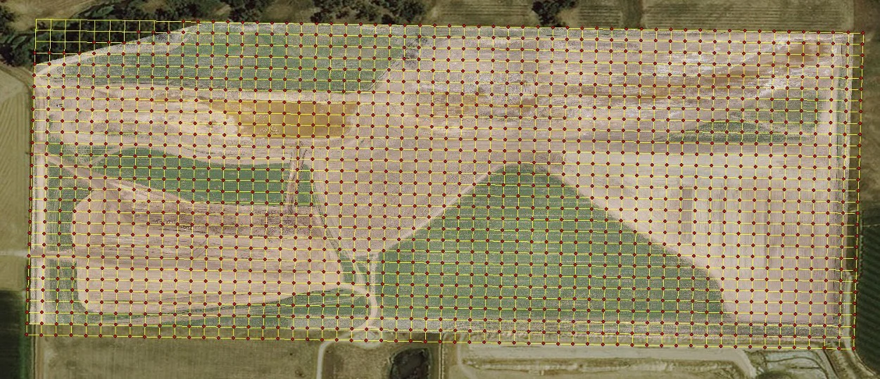 85 acre land area. GPS shots taken every 50ft. 1,632 total shots. ~80 hours