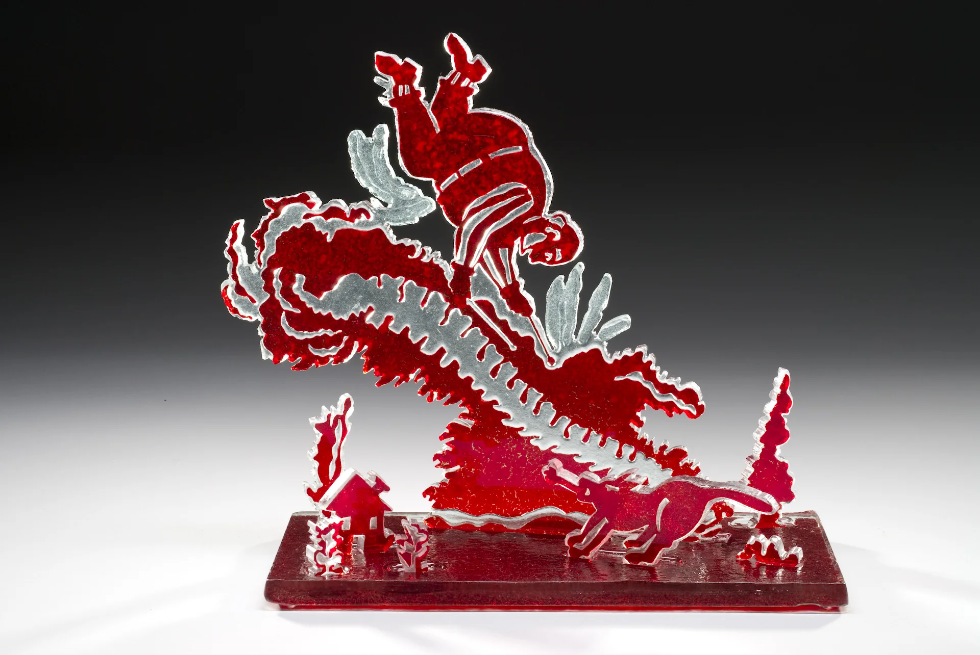 Knick Knack on My Spine, Sandblasted, cut and assembled glass Base: 6"x12", Height: 12"