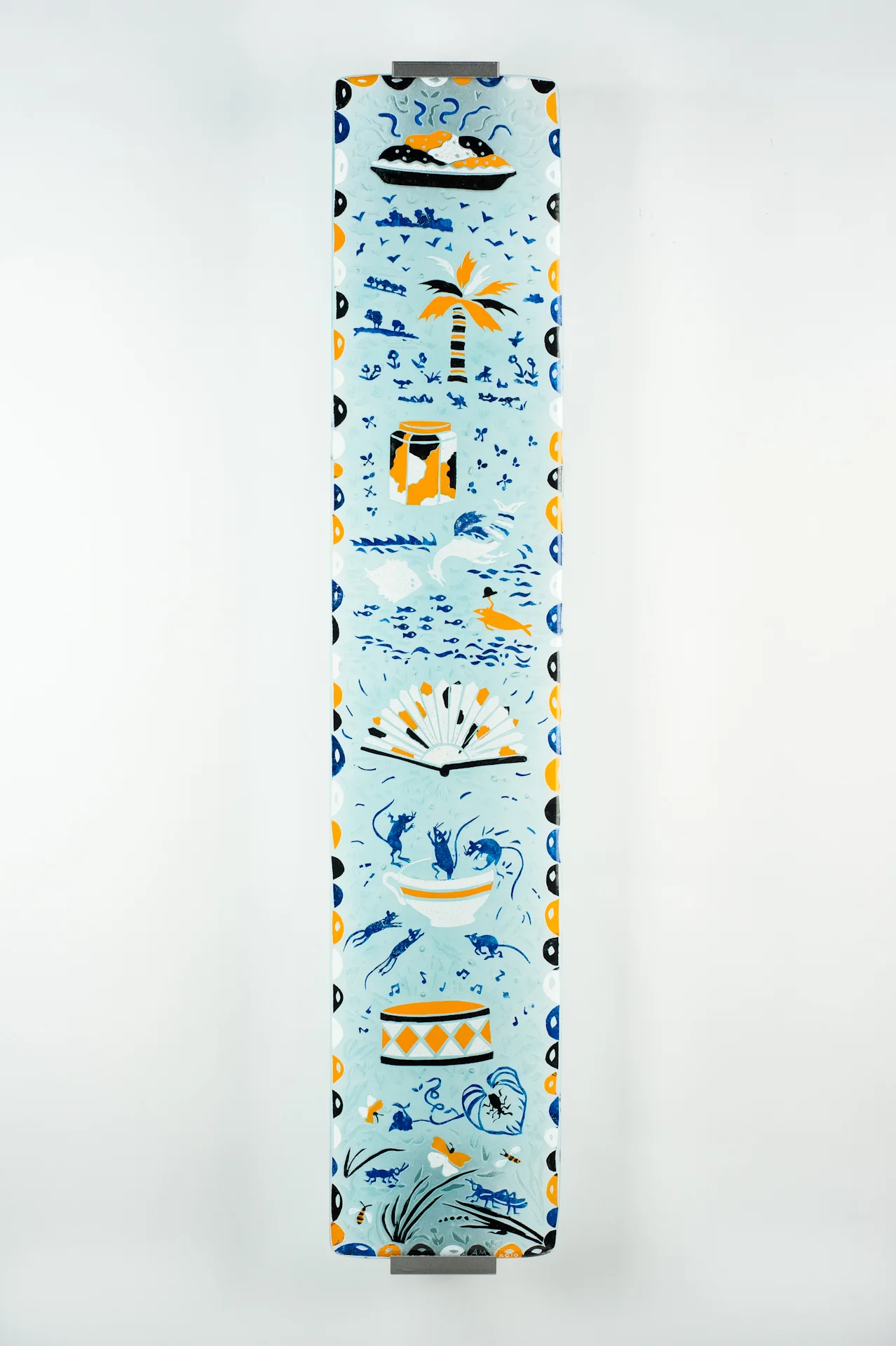 The Calico Pie, Fused and sandblasted glass, 44 x 8" U