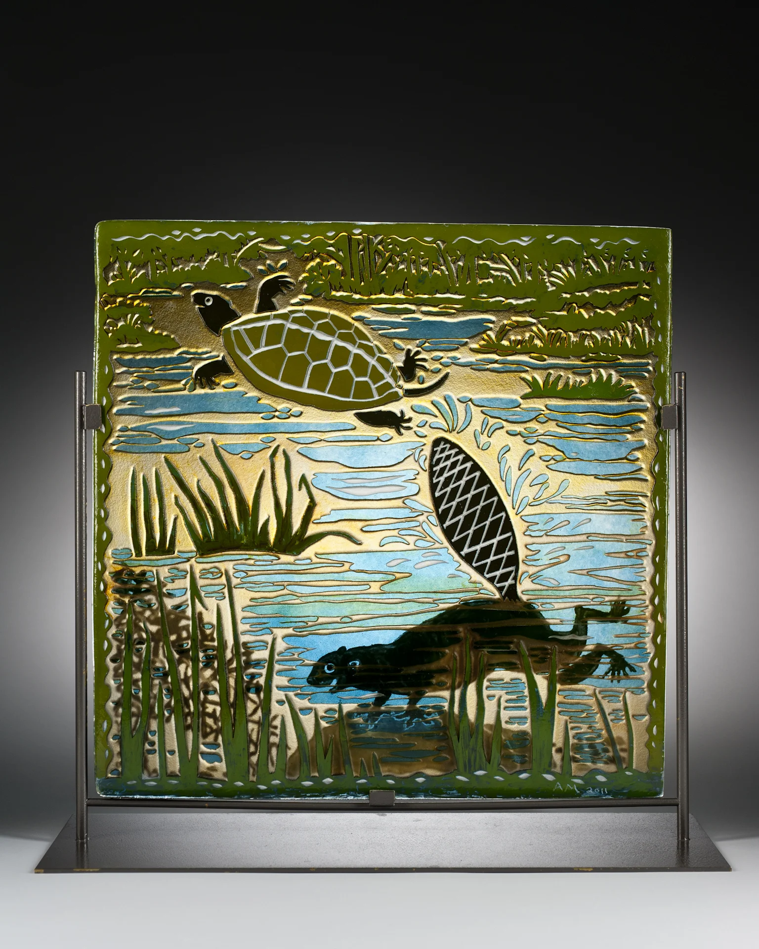 The Beaver and the Turtle, fused and sandcarved glass with glass enamel, 18x18" U
