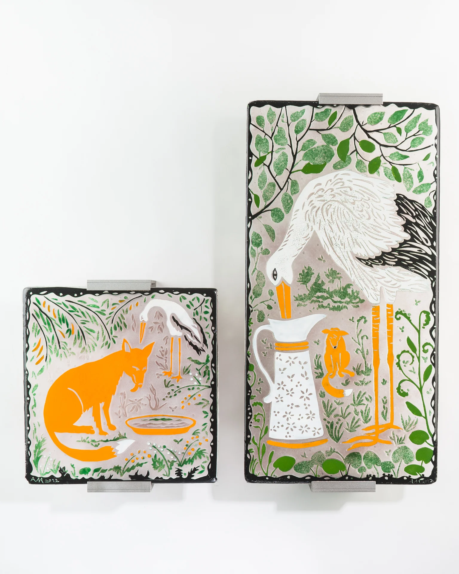 The Fox and the Stork, Fused and sandblasted glass, 12 x 12", 12x24"