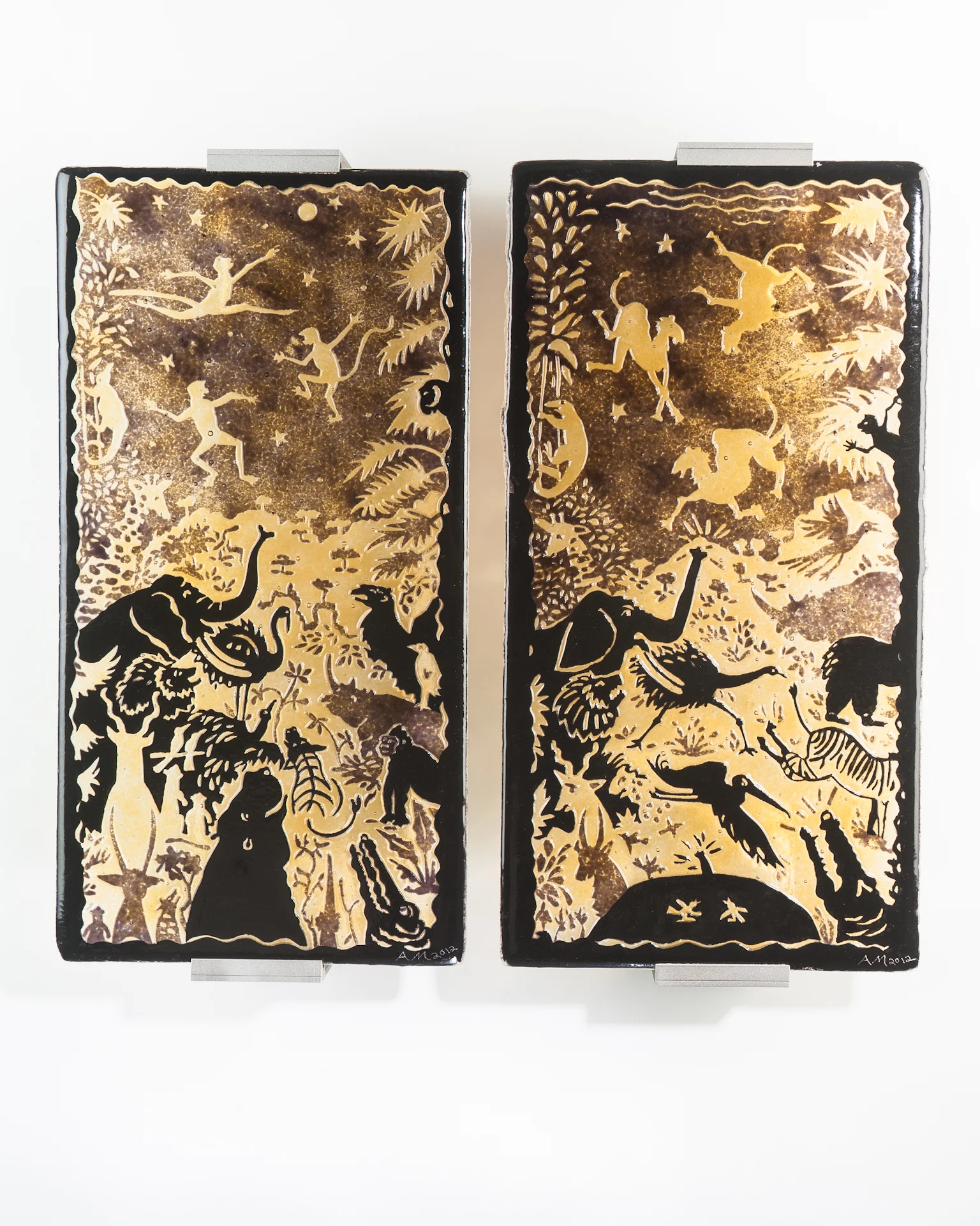 The Monkey and the Camel, Fused and sandblasted glass, 12 x 24", 12 x 24"