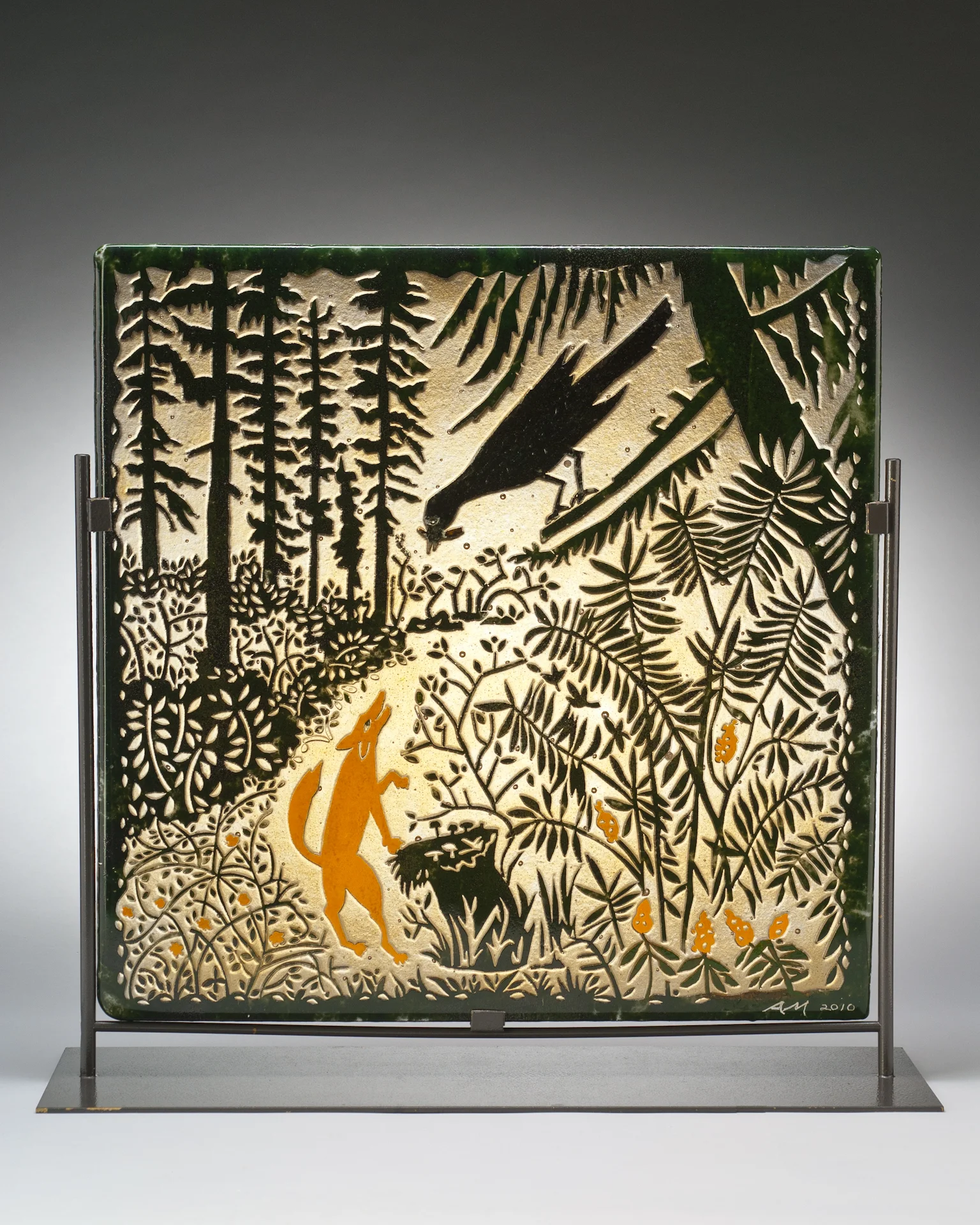 The Fox and the Crow, kilncast and sand carved glass, 18"x18" U