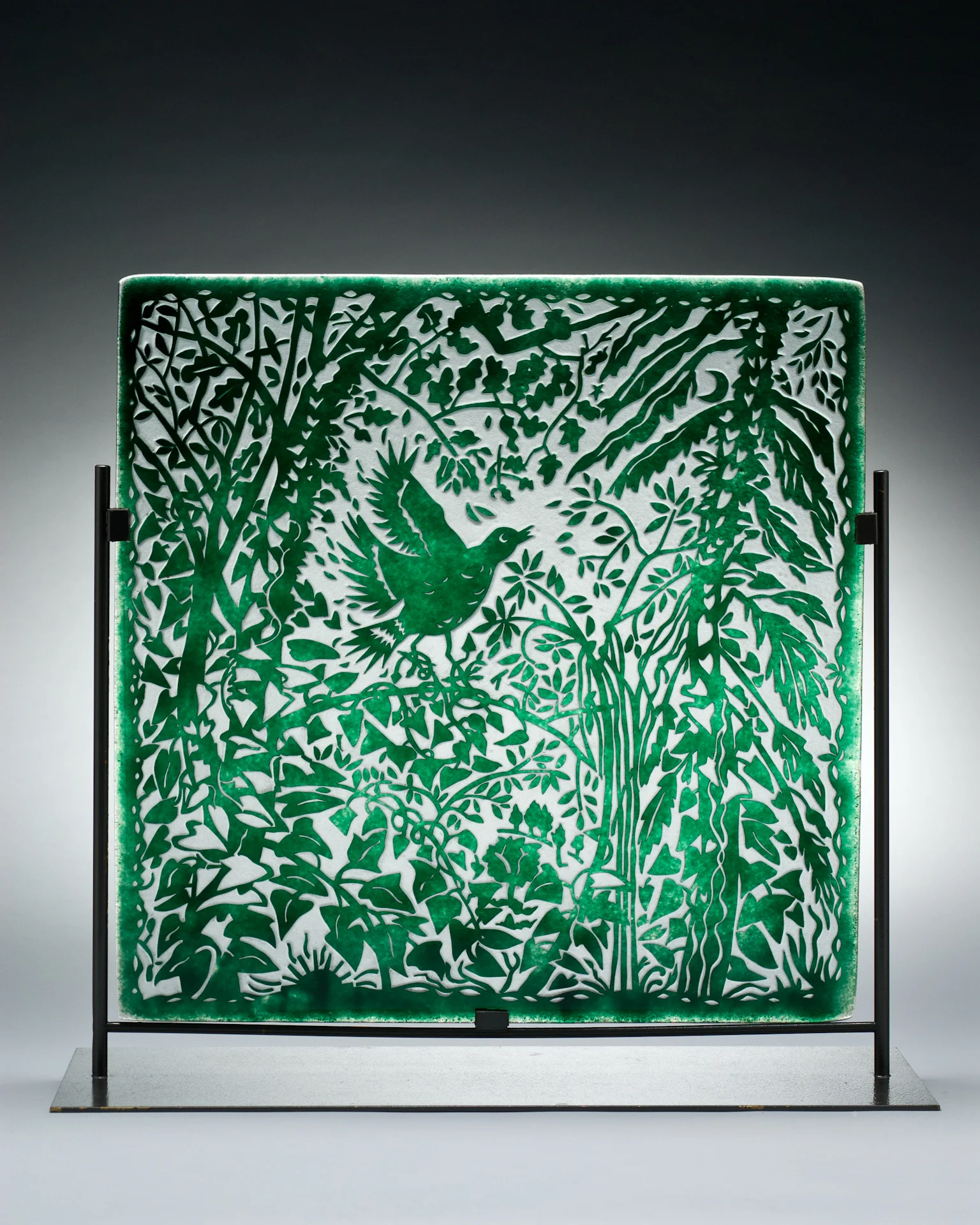 Why The Nightingale Sings, Fused and sandblasted glass, 18 x 18" U