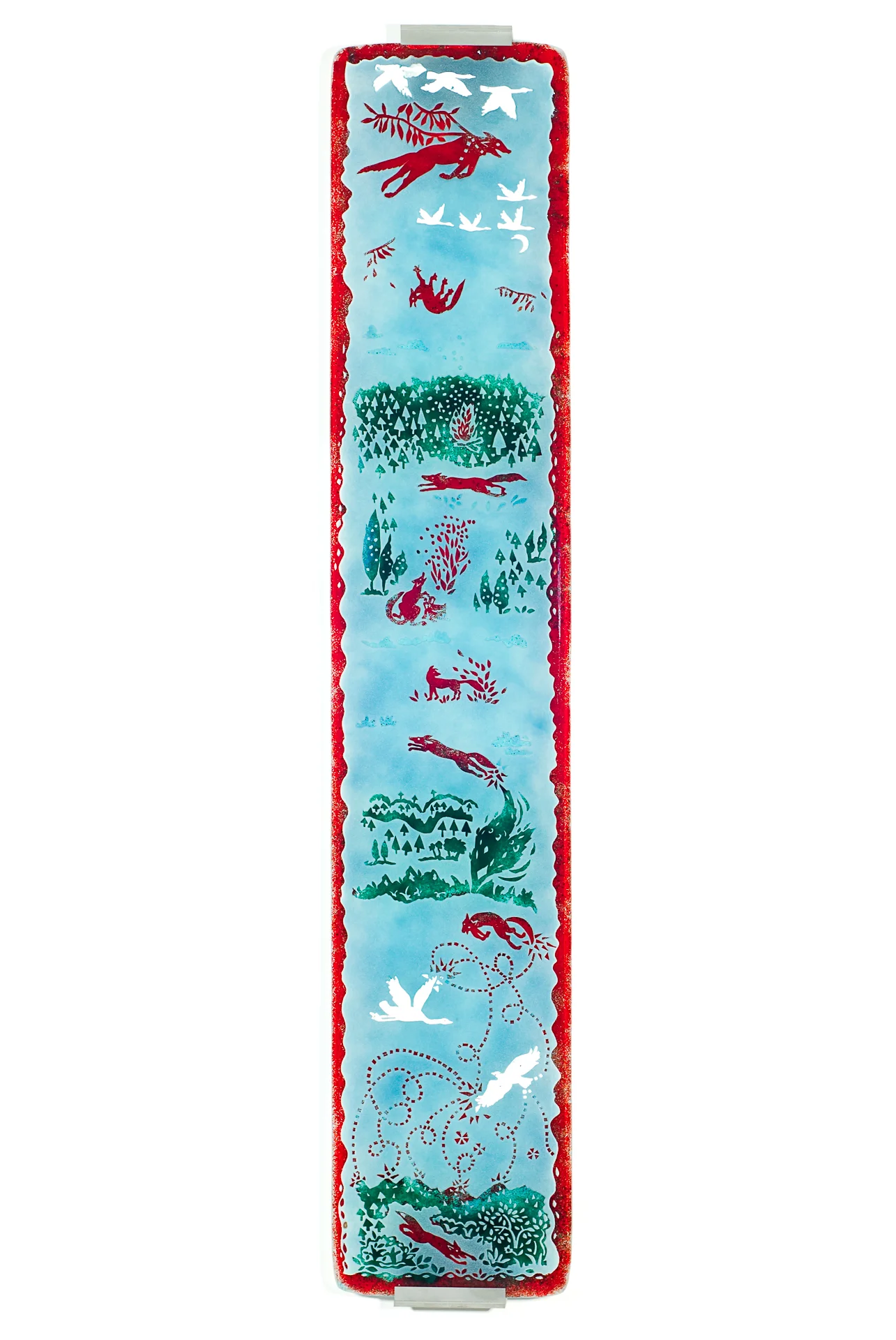 The Fox Who Flew With The Geese, fused and sandcarved glass, 44x8" U