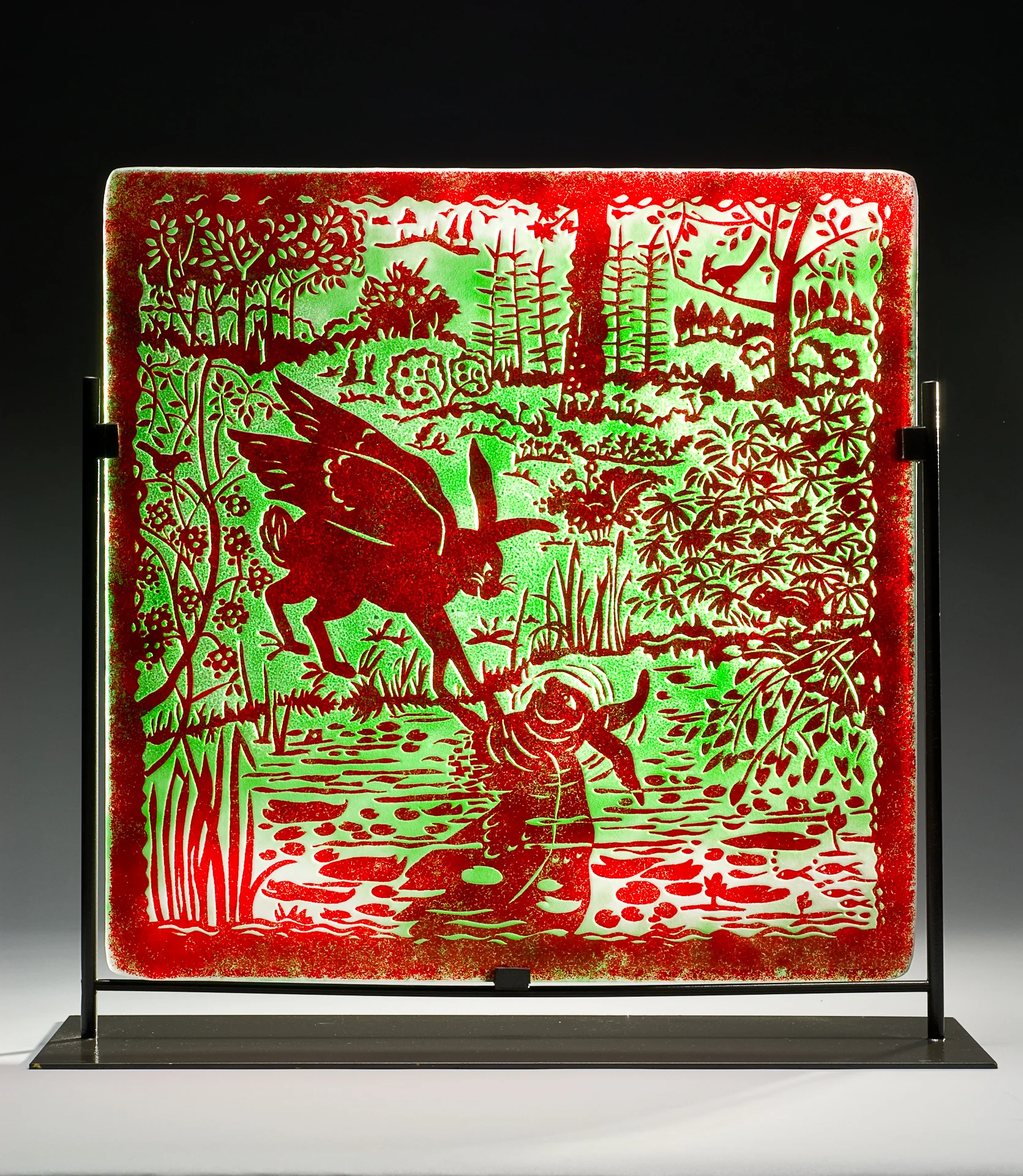 The Rabbit Who Wanted Red Wings, Fused and sandblasted glass, 18 x 18" U