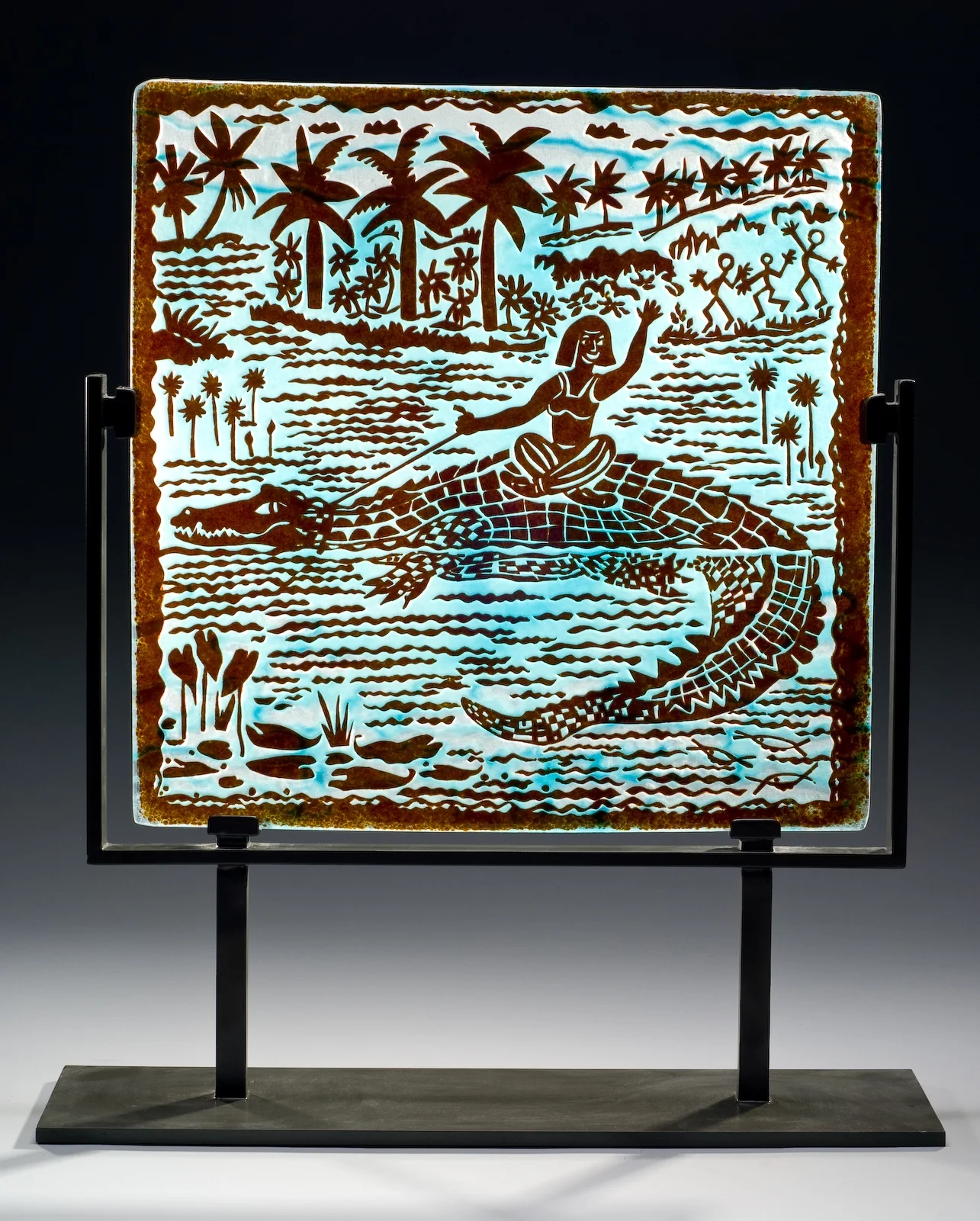 She Sailed Away, fused and sandcarved glass, 18x18"