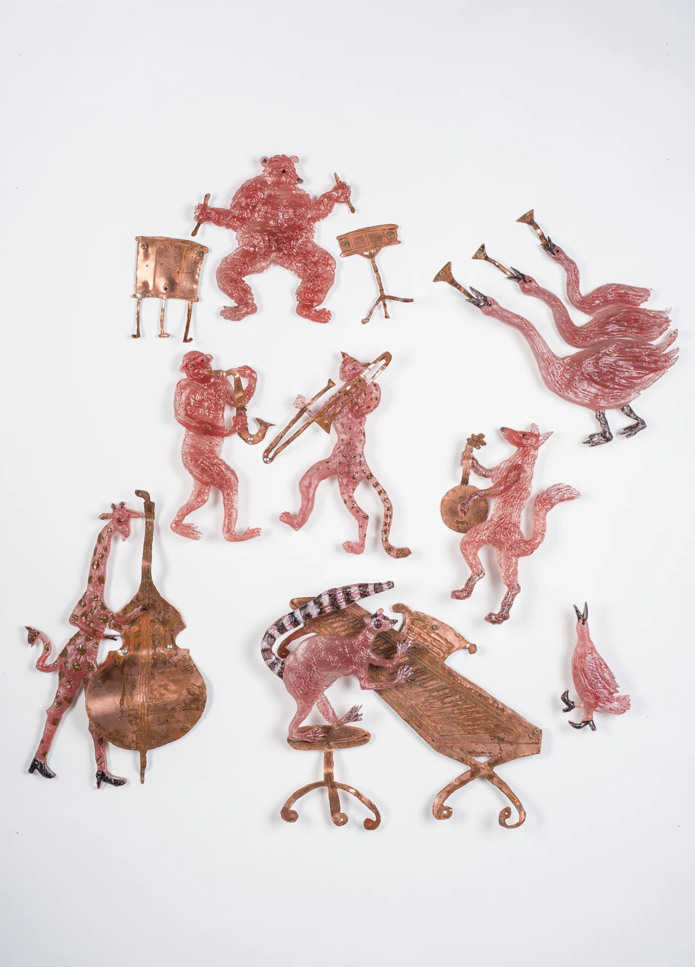The Red Glass Jazz Band, Glass Cast, cut, painted, and fused, Approx. 40 x 40inches