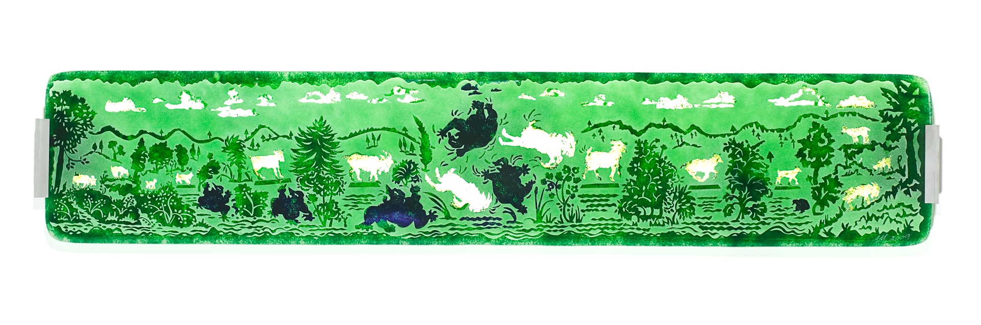 The Billy Goats Gruff, 2009, fused and sandcarved glass, 44x8" U