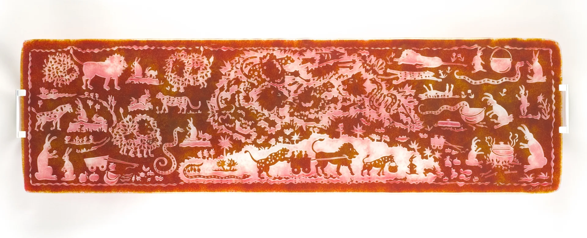 Kalalu's Trip #2, fused and sandcarved glass, 12x44"