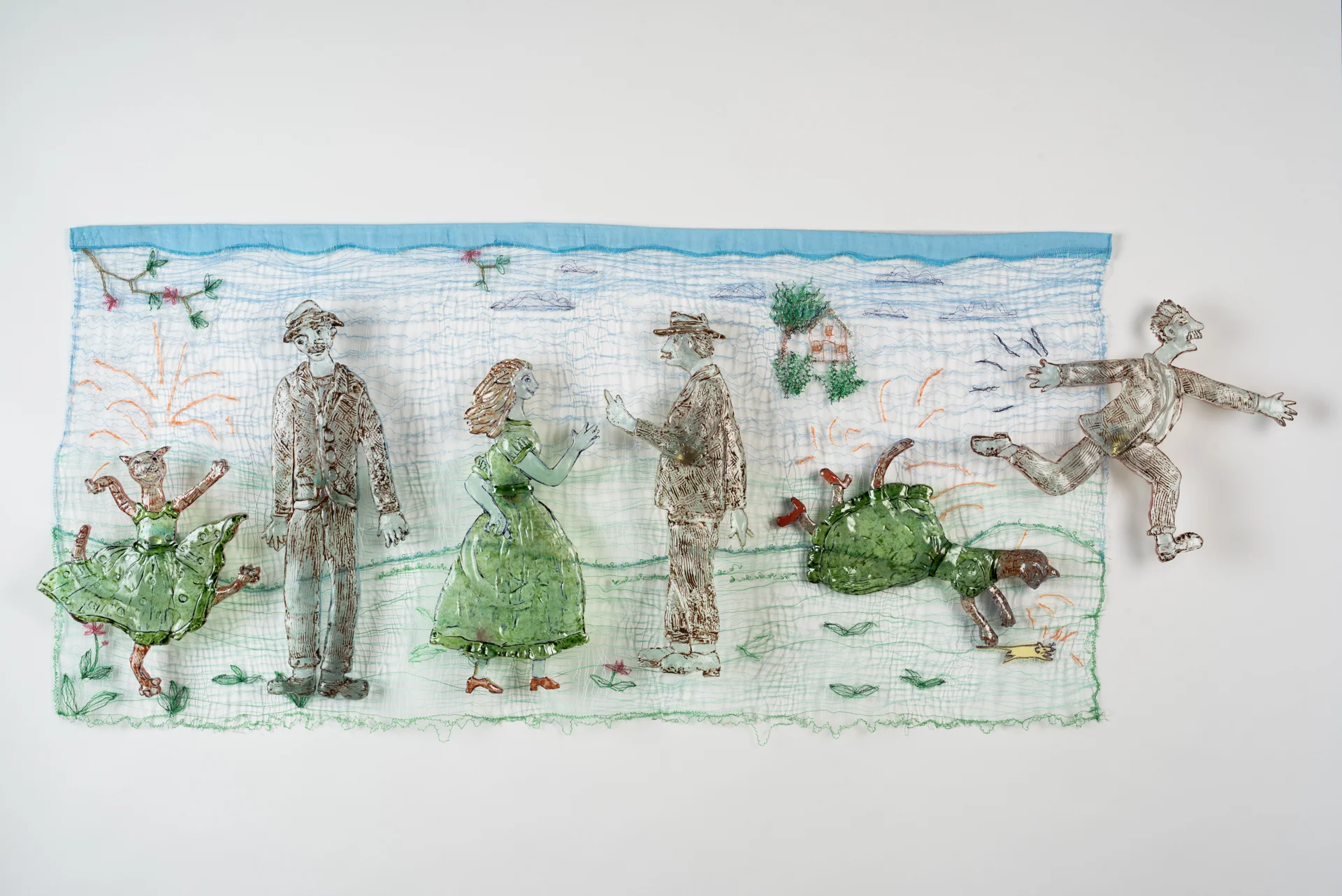 The Cat Who Wanted To Be A Woman, 24x40", Cast, cut painted glass shapes wall mounted through machine stitched background of multiple colored threads.