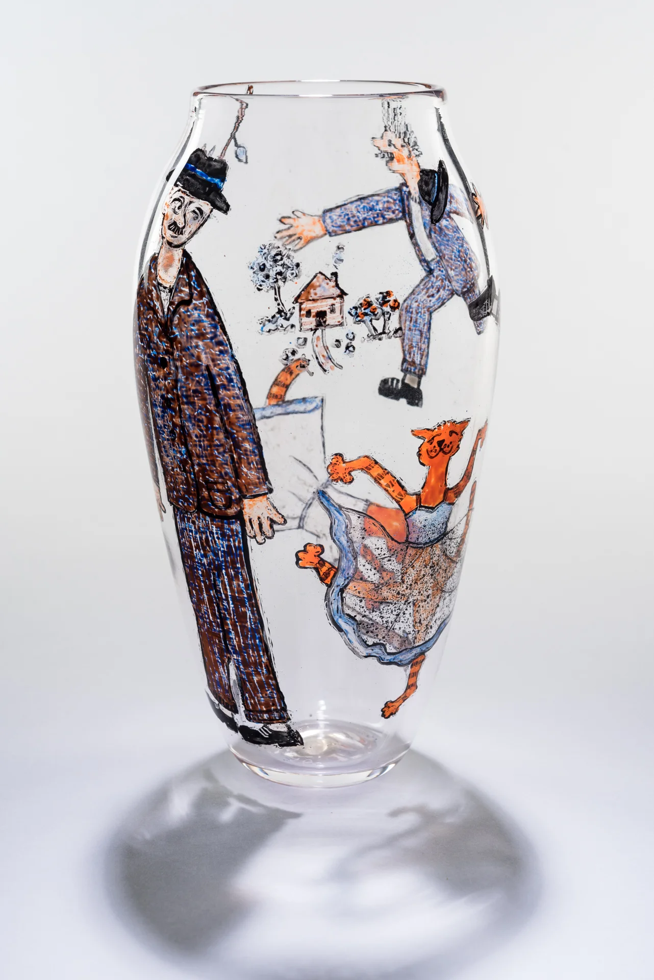 The Cat Who Wanted To Be A Woman, 10x4", hand blown reverse painted glass vessel