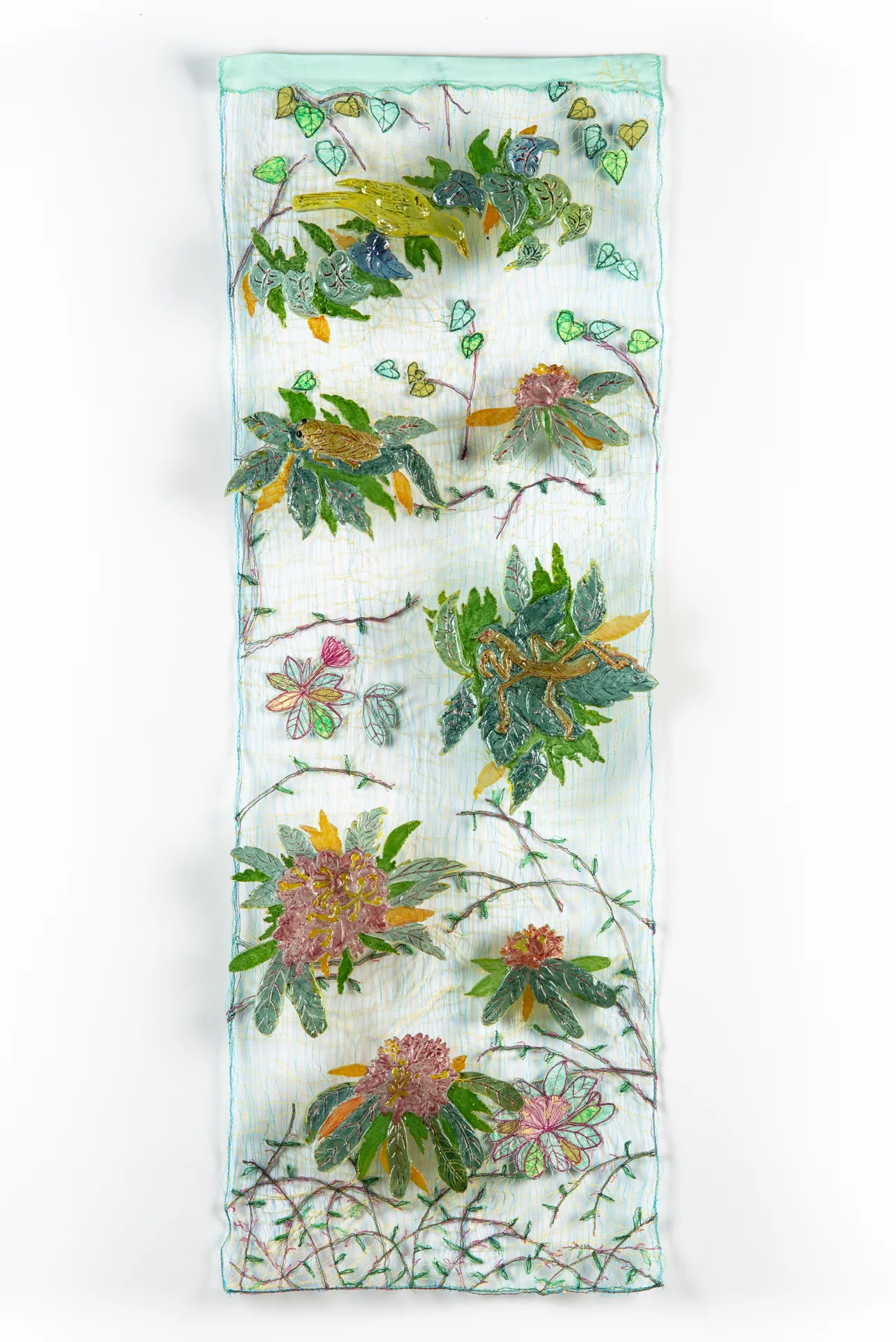 Yellow Bird (Prey in the Garden Series), 2018, Seven cast, cut, painted glass shapes mounted over threaded panel, 14x39"