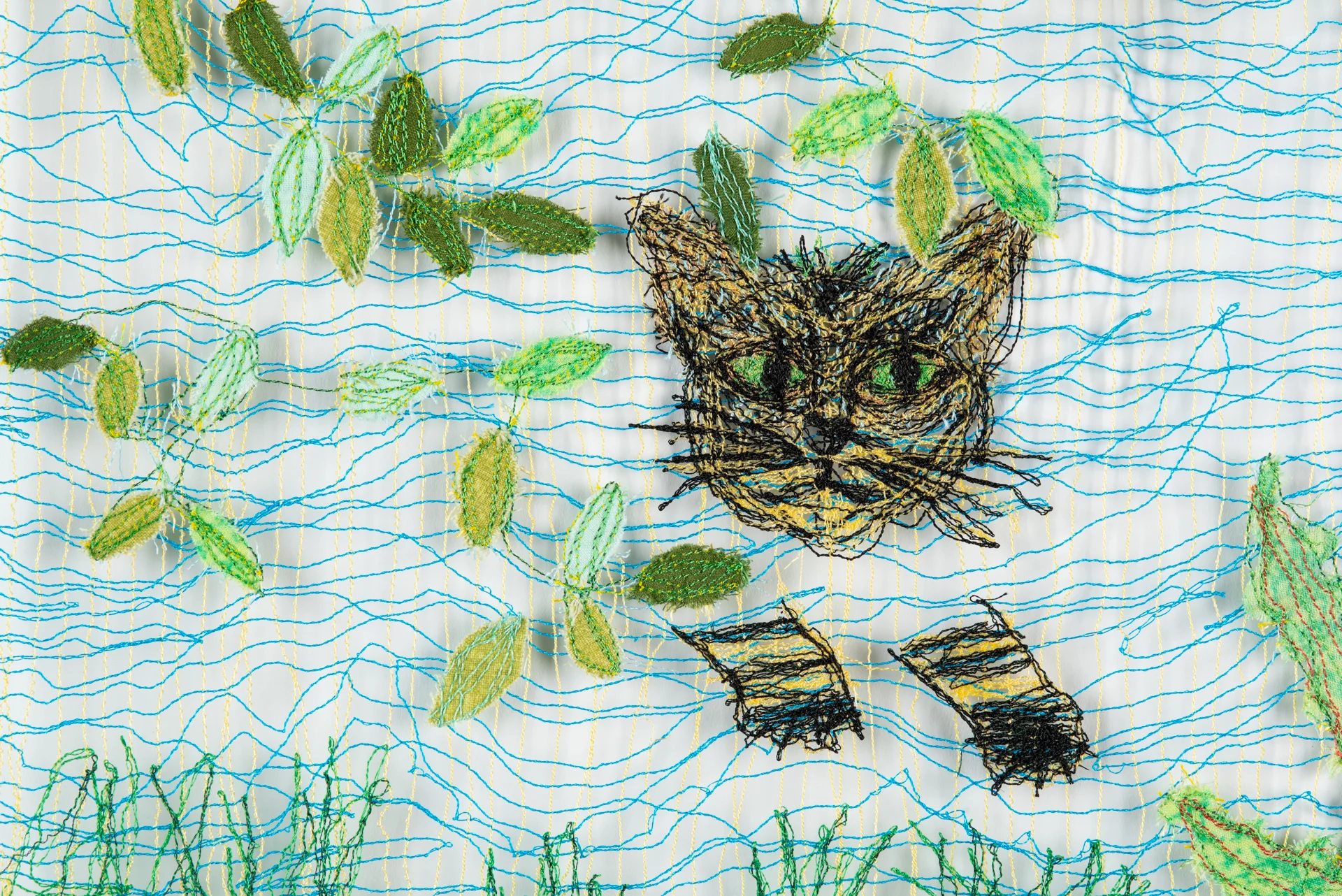 Cat Stalking Birds (Prey in the Garden series), detail, Cat's head approx. 2x 3"